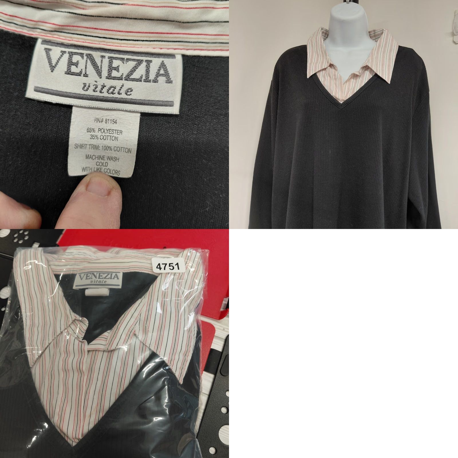 Vintage Venezia Vitale Sweater Black Long Sleeve Collar Striped Shirt Womens 18/20 Plus Knit Pullover Casual Sleeve 3/4 Sleeve V-Neck Fans Mens? Size XXL / US 16-18 / IT 52-54 - 8 Thumbnail