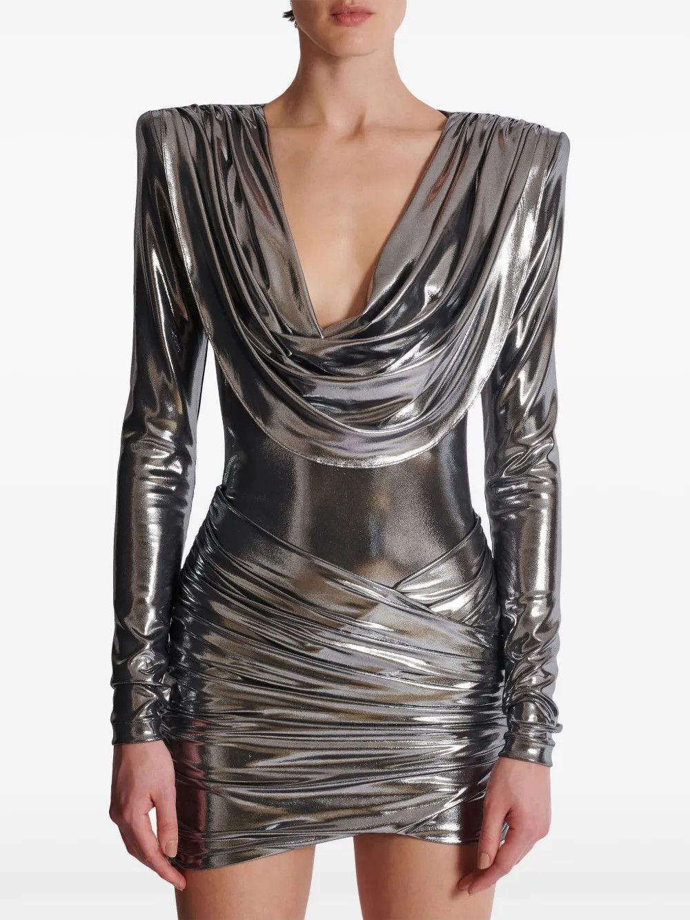 Balmain o1s1wg110725 Cowl Neck Lame Mini Dress in Silver Size M / US 6-8 / IT 42-44 - 2 Thumbnail