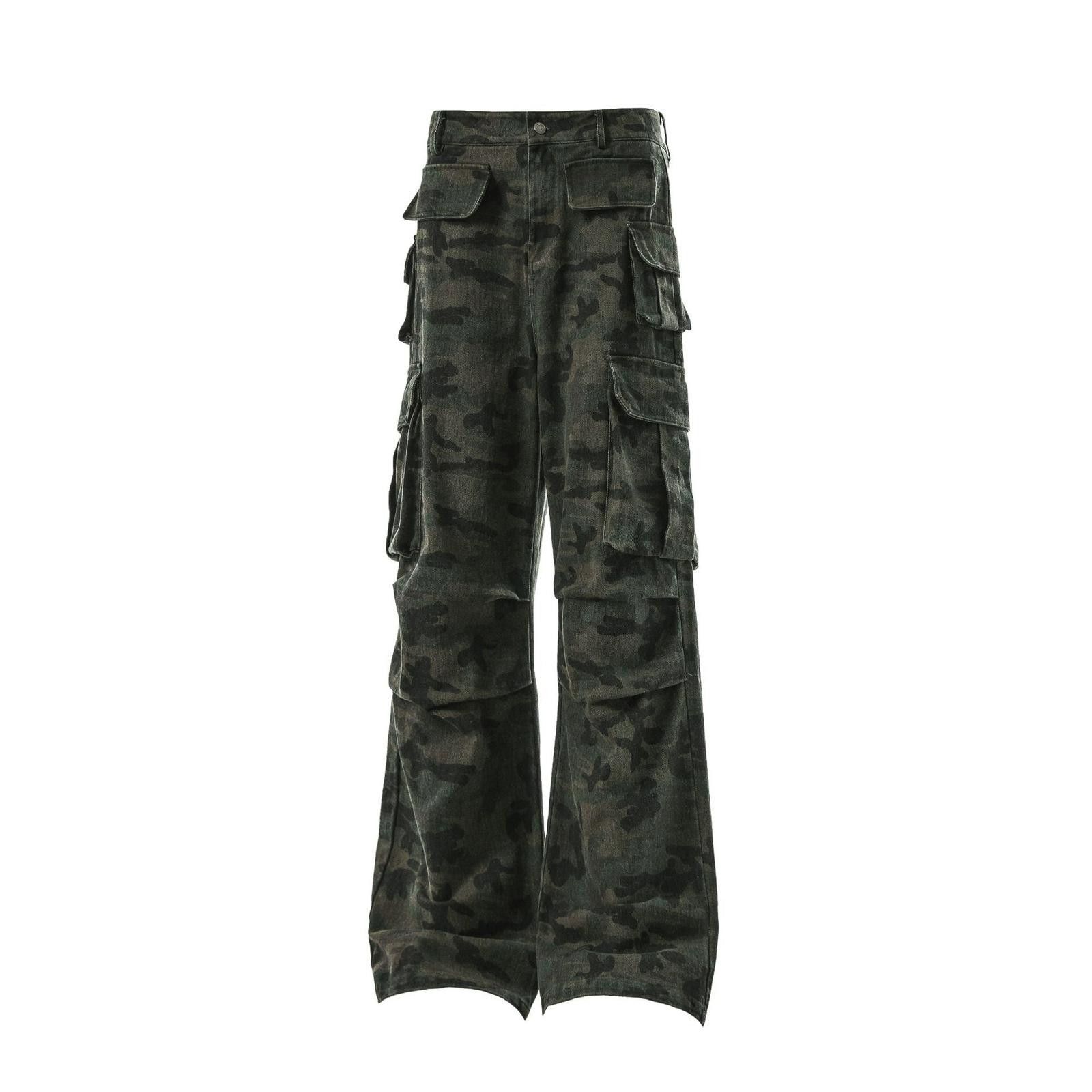 Japanese Brand Dark Green Camo Stacked Flared Cargo Pants, Wide Leg Pants Size US 32 / EU 48 - 6 Thumbnail