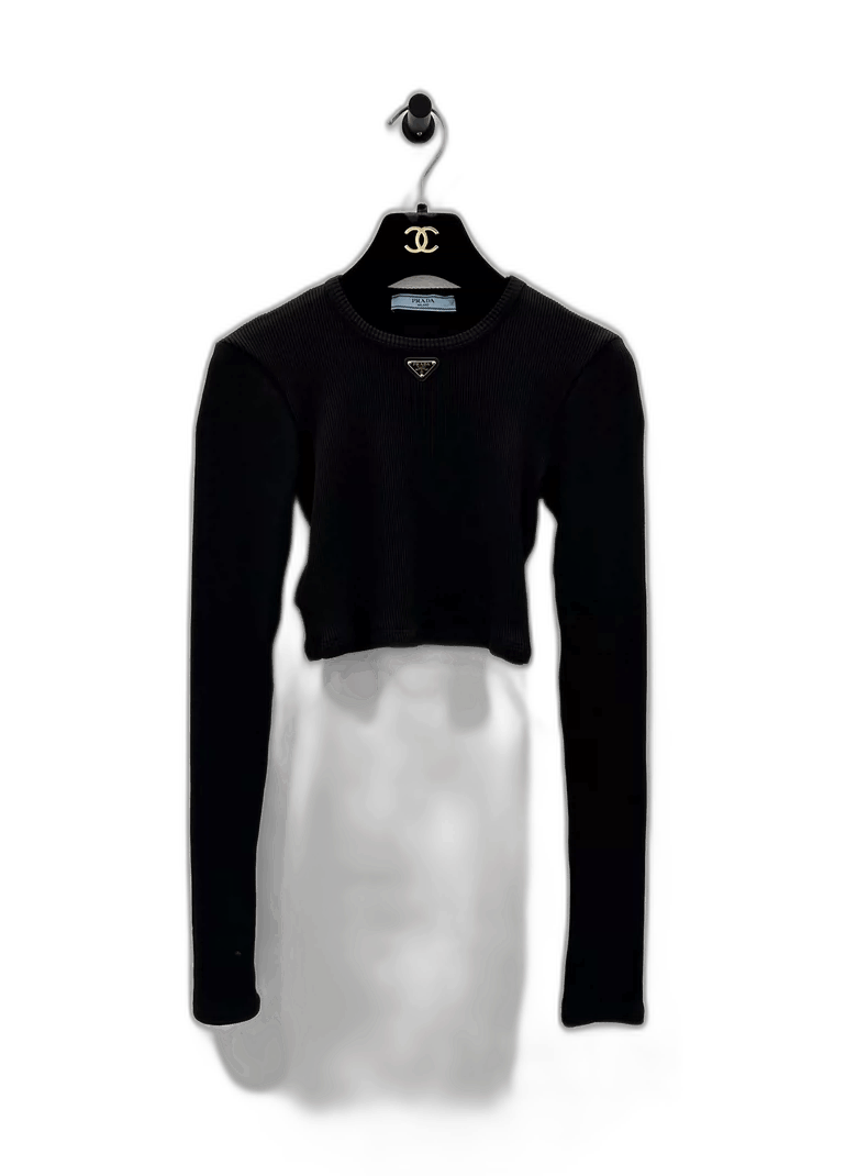 Prada Prada Black Crop Knit Top with Logo-2506 Size US M / EU 48-50 / 2 - 1 Thumbnail