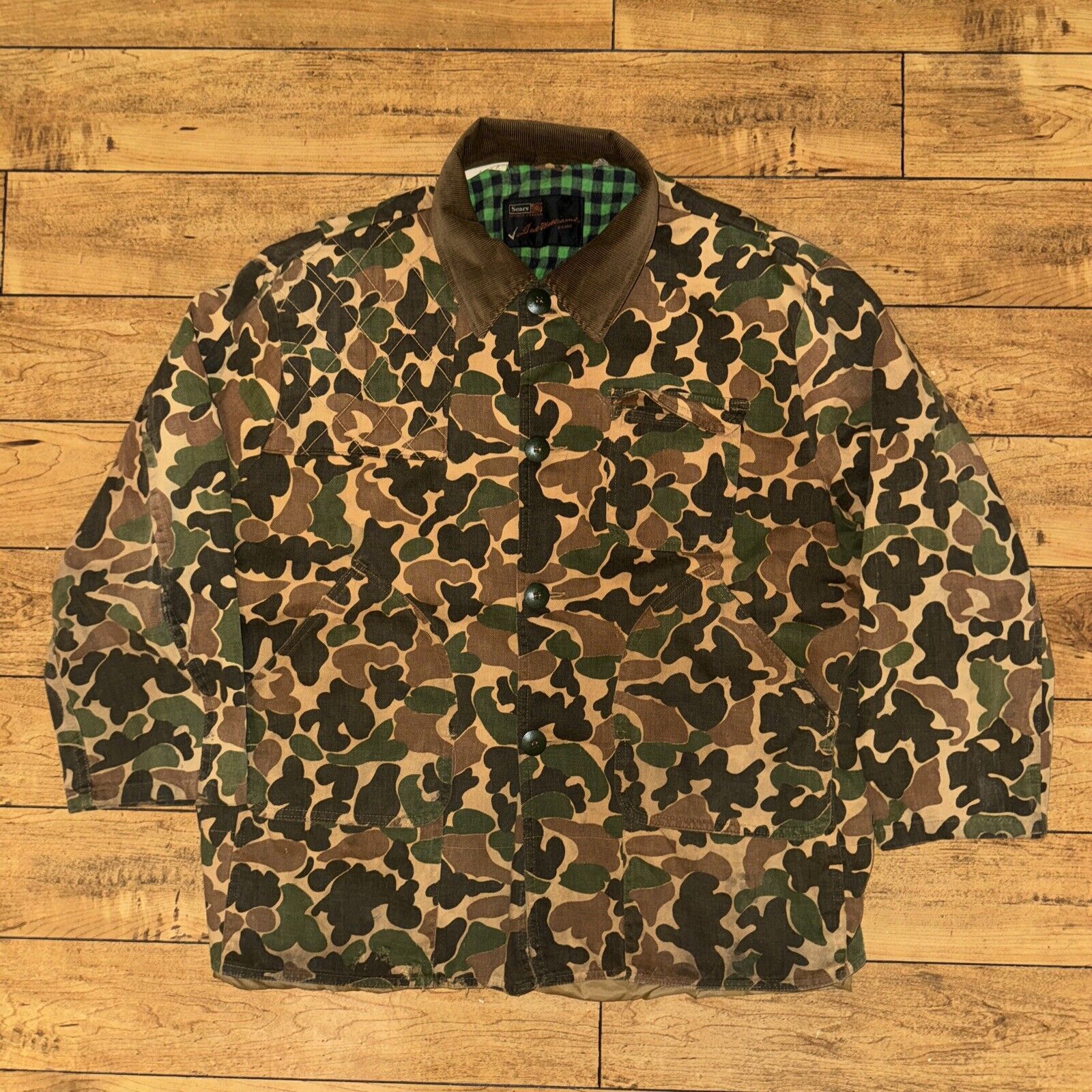 Japanese Brand × Sears × Vintage Vintage Sears Camo Farm Jacket XL 26x29 Flannel Lined Green Size US XL / EU 56 / 4 - 1 Thumbnail