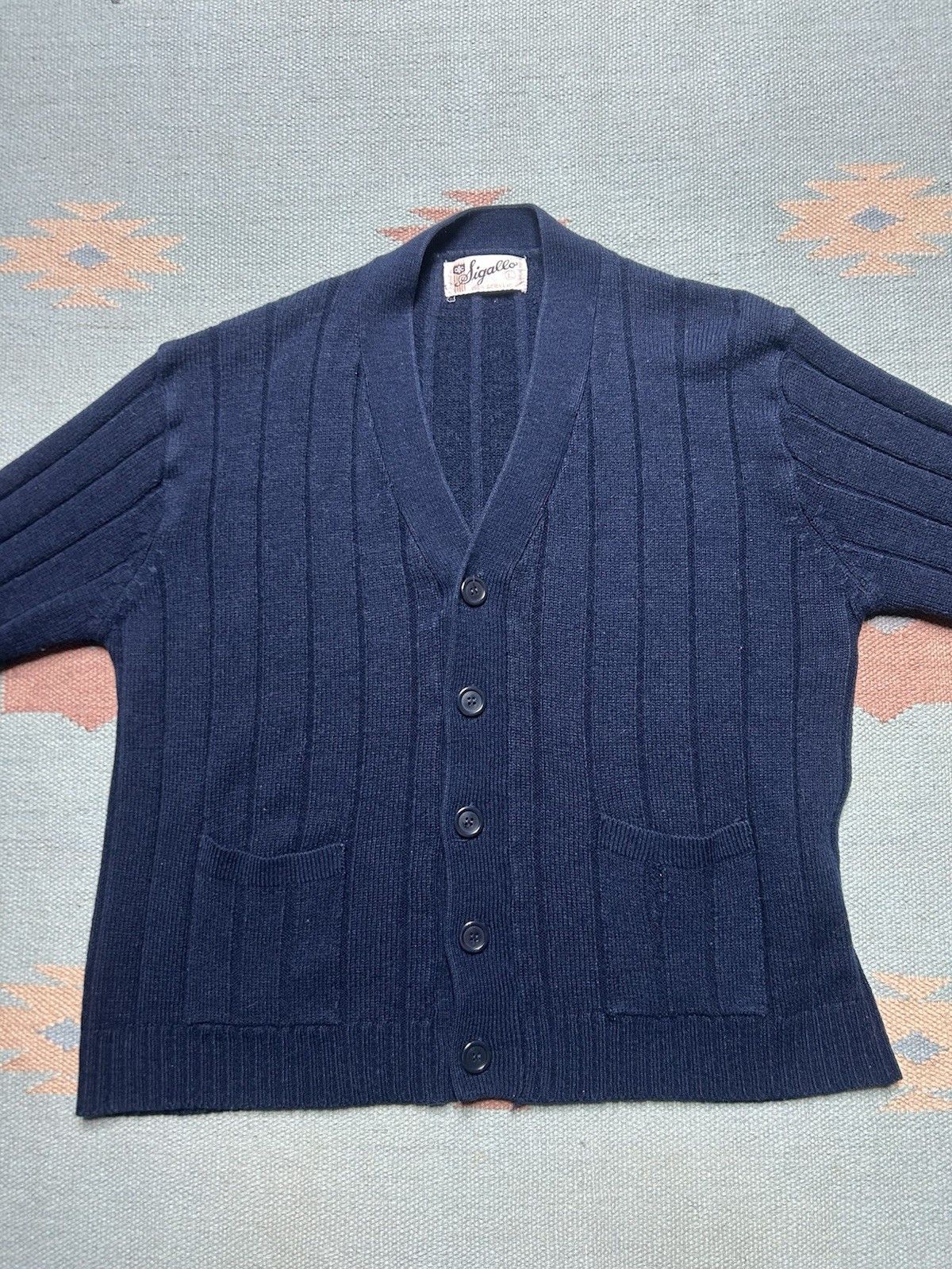 Vintage 1970s cardigan sweater acrylic knit button ribbed navy large Size US L / EU 52-54 / 3 - 2 Thumbnail