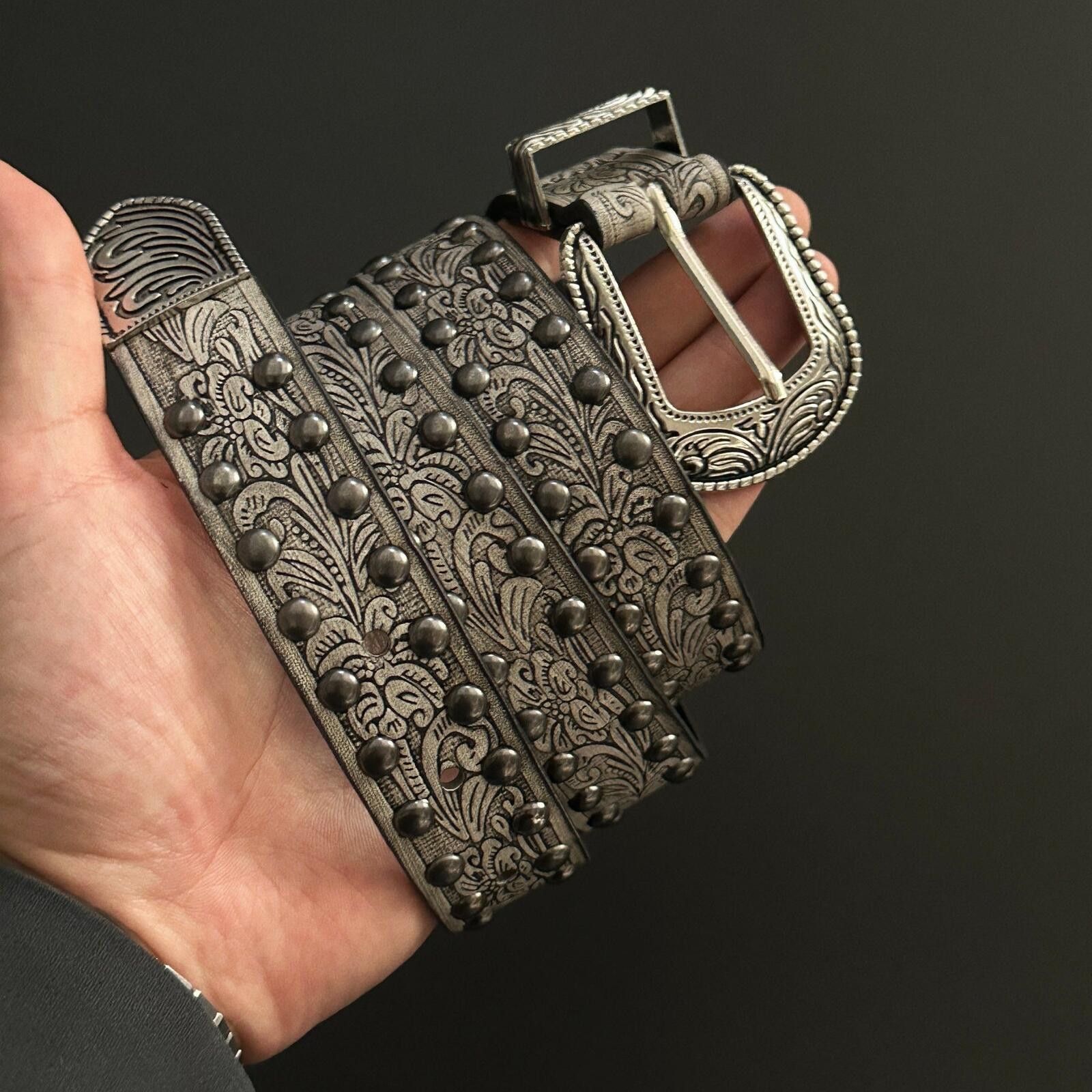 Other Western Engraved Narrow Rivet Belt | Brown Vintage Street Size ONE SIZE - 3 Thumbnail