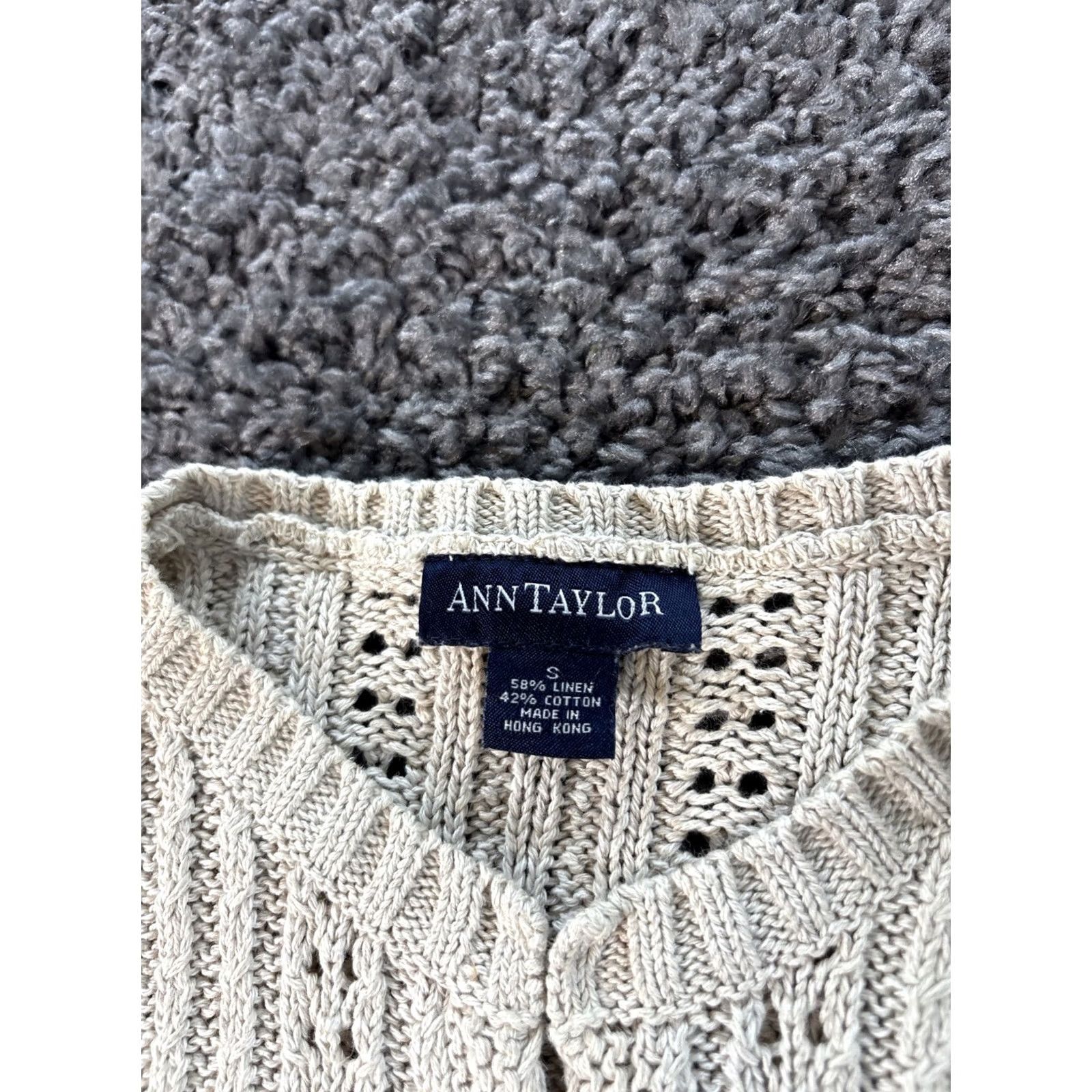 Ann Taylor VINTAGE Ann Taylor Cardigan Sweater Womens Small Ivory Linen Open Knit 90s Crew Neck Long Sleeve Knit Open-Knit S Women Size S / US 4 / IT 40 - 4 Thumbnail