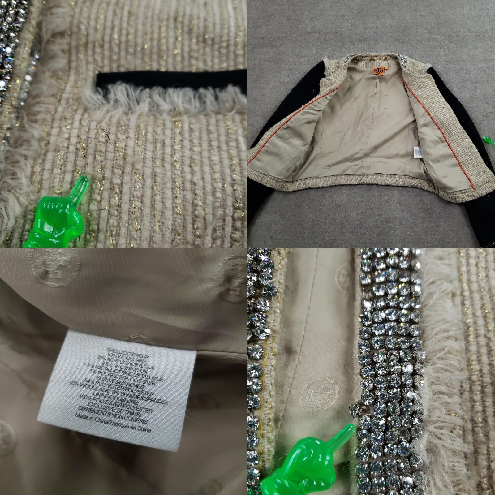 Tory Burch Tory Burch Jacket Womens 2 Beige Tweed Rhinestone Embellished Open Front Size XS / US 0-2 / IT 36-38 - 9 Thumbnail