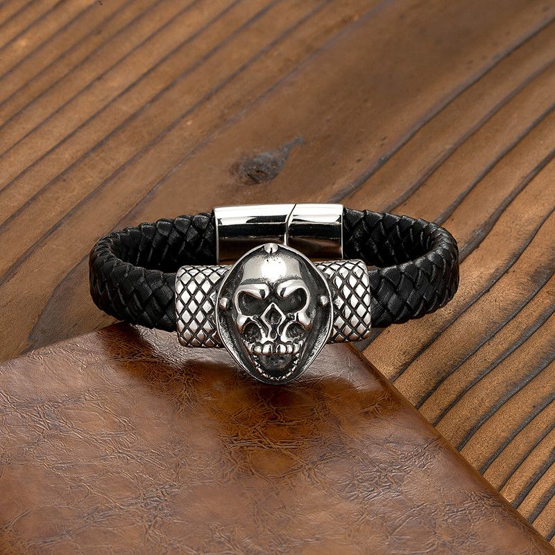 Leather 21cm Gothic Skull Steel Braided Leather Bracelet Size ONE SIZE - 1 Thumbnail