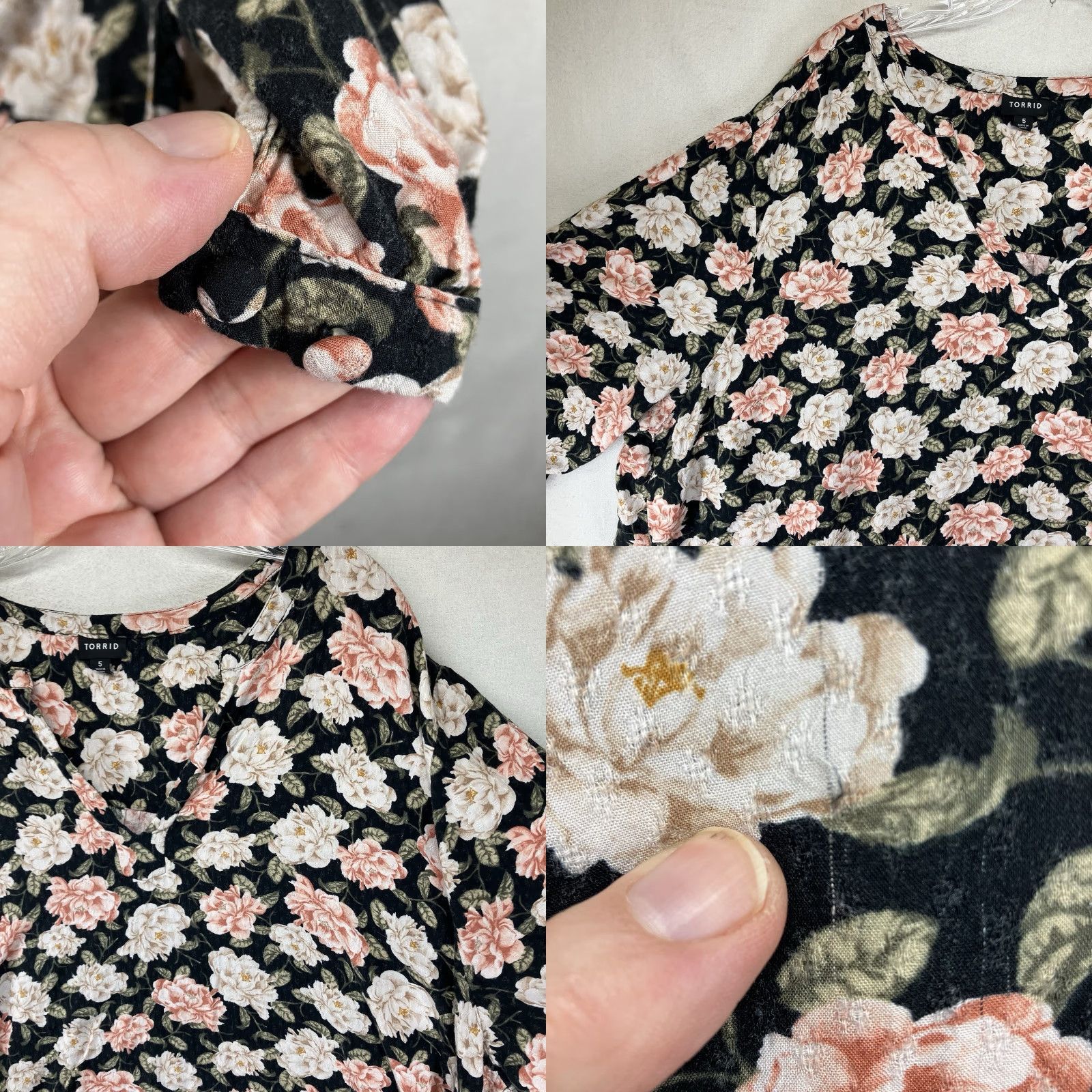 Torrid Torrid Women's Plus Size Relaxed Fit Black Rayon Blouse with Floral Print, Long Sleeve, V-Neck, Casual, Size 5, Bohemian Gothic Theme Size S / US 4 / IT 40 - 8 Thumbnail