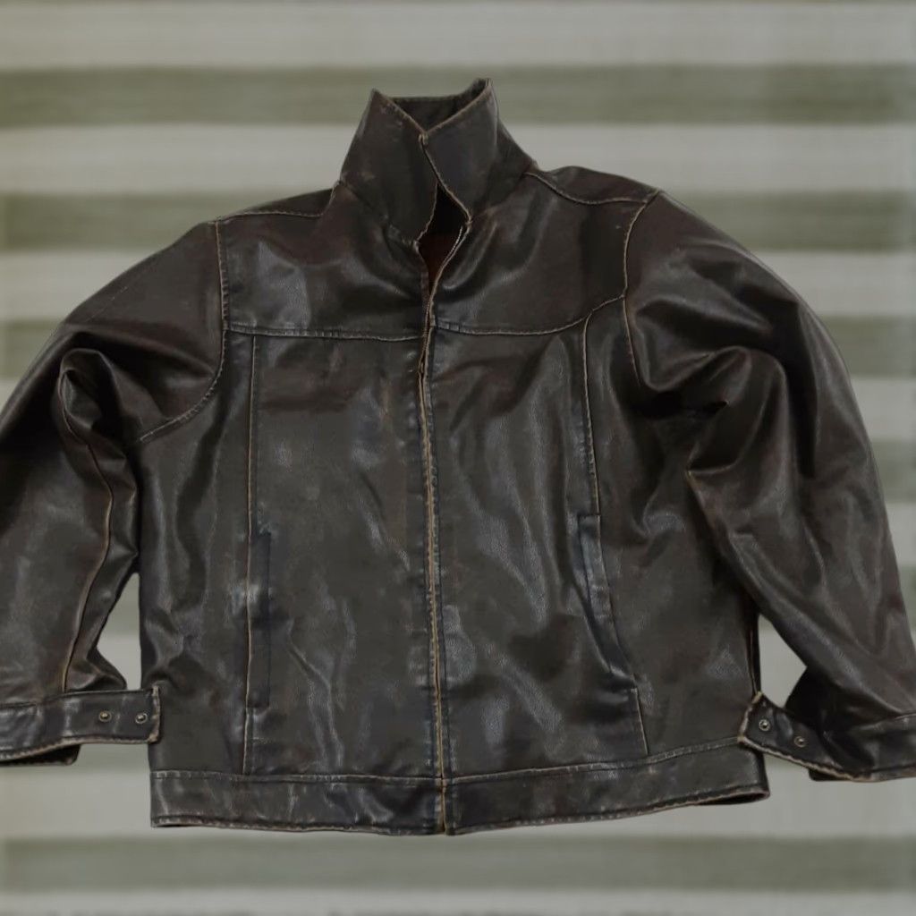 Vintage VINTAGE Arizona Leather Jacket Main Selling Point Motorcycle Jacket Brown L Mens L Brown Zipper Distressed Faux Leather 27in Long 25in Pit to Pit Size US L / EU 52-54 / 3 - 1 Thumbnail