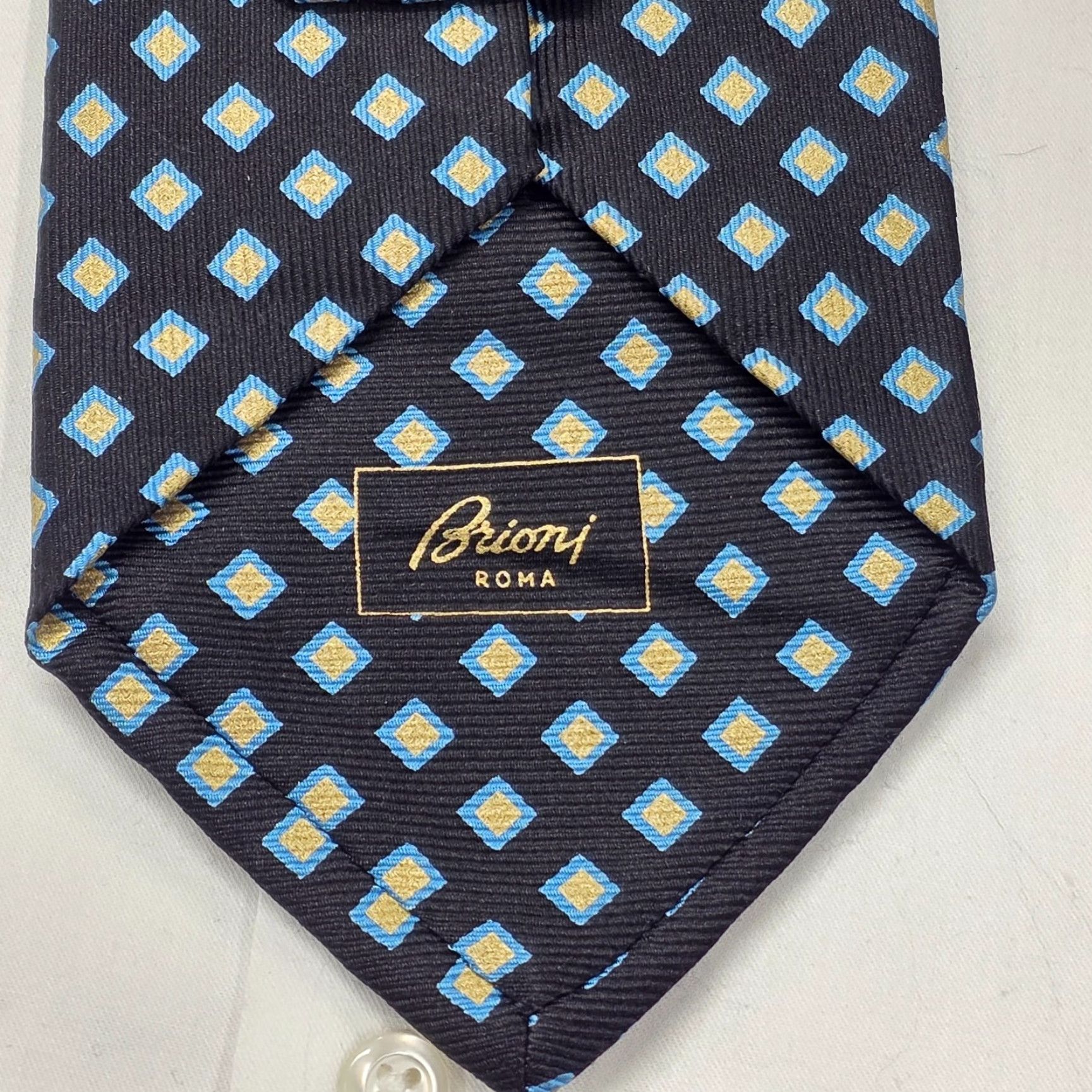 Brioni Brioni Necktie Mens Navy Blue Geometric Pattern 100% Silk Designer Satin Long 62" x 4" Italy Silk Tie - Mens Fashion Gift Size ONE SIZE - 4 Thumbnail