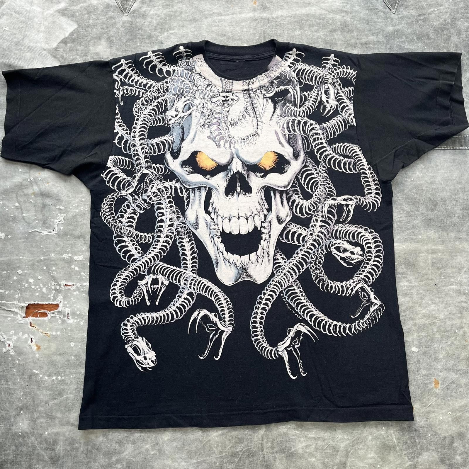 Vintage Liquid Blue Medusa Snake Skeleton Skull AOP Shirt