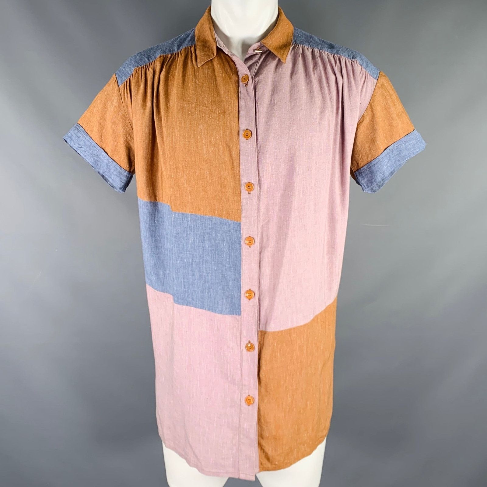 Other S Blue Purple Brown Linen Viscose Color Block Ruched Shirt Size S / US 4 / IT 40 - 1 Thumbnail