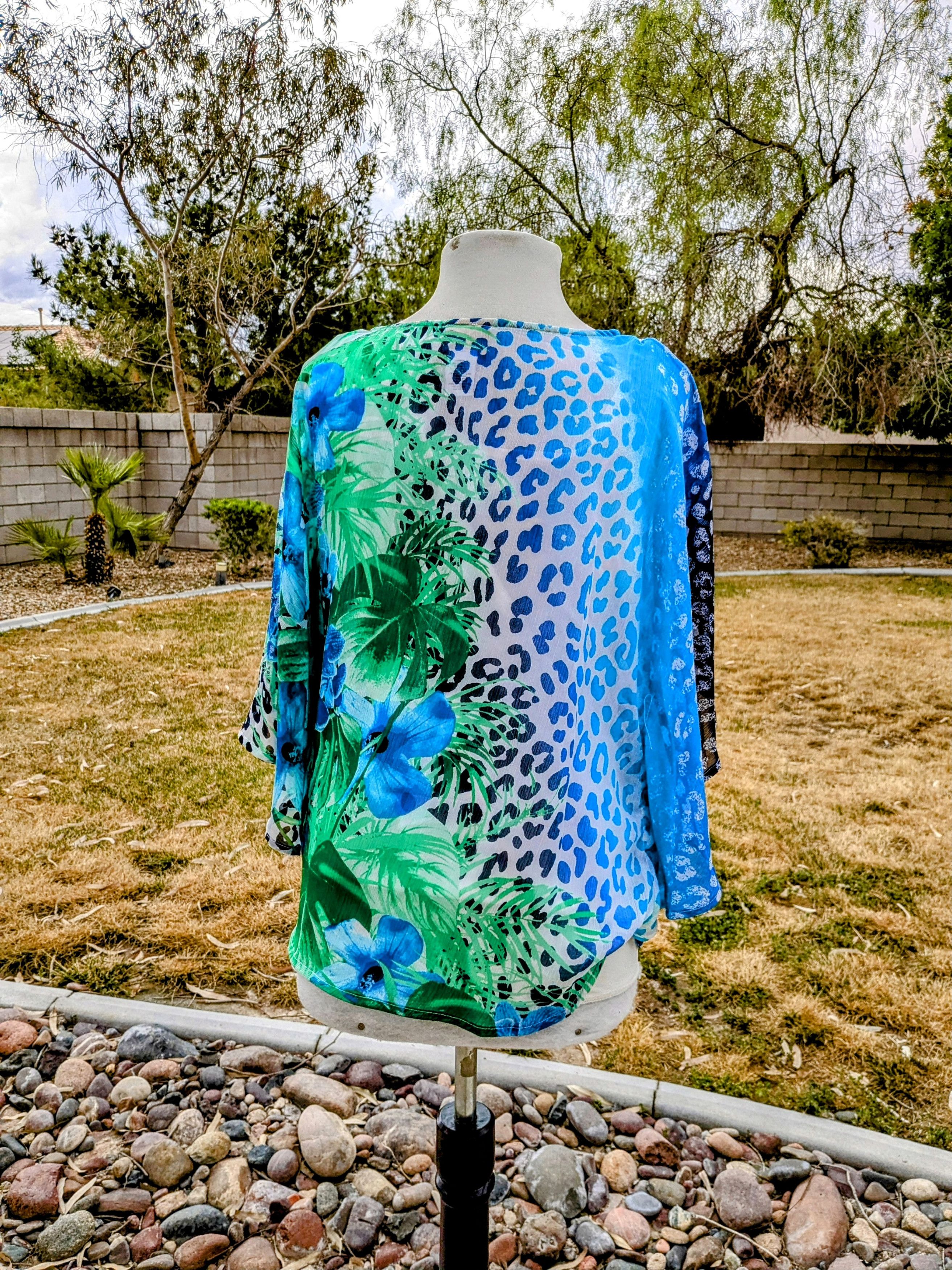 Designer Ruby Rd Tropical Green Floral Leopard Boho Bohemian Poncho Size M / US 6-8 / IT 42-44 - 5 Thumbnail