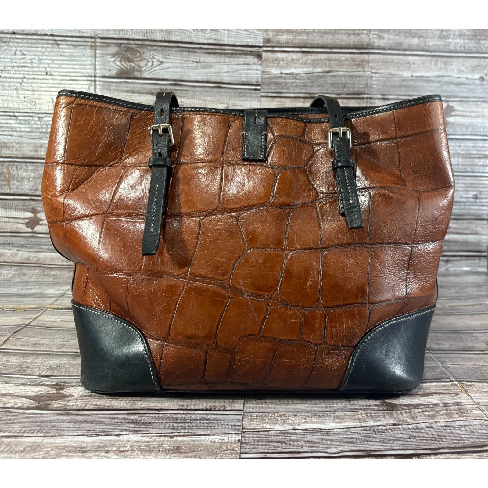 Dooney & Bourke Dooney Bourke Dover Croc Embossed Leather Tote Bag Brown Bla Size ONE SIZE - 1 Thumbnail