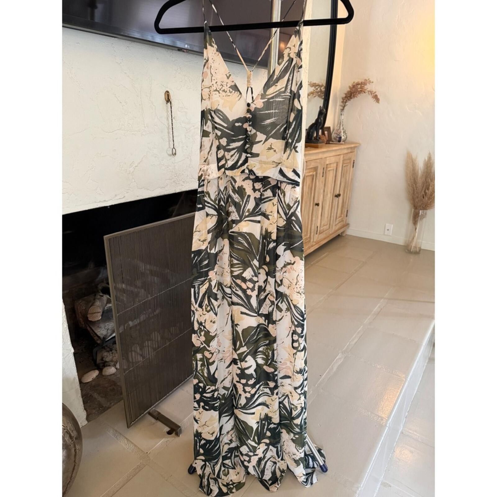 H&M H&M Floral Maxi Dress Green Cream Palm Print V-Neck 4 Size S / US 4 / IT 40 - 3 Thumbnail
