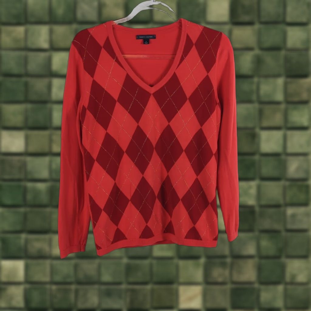 Tommy Hilfiger Tommy Hilfiger Womens M Argyle Diamond V-Neck Cotton Knit Sweater Pullover Long Sleeve Logo Embroidered Orange Red Size M / US 6-8 / IT 42-44 - 1 Thumbnail