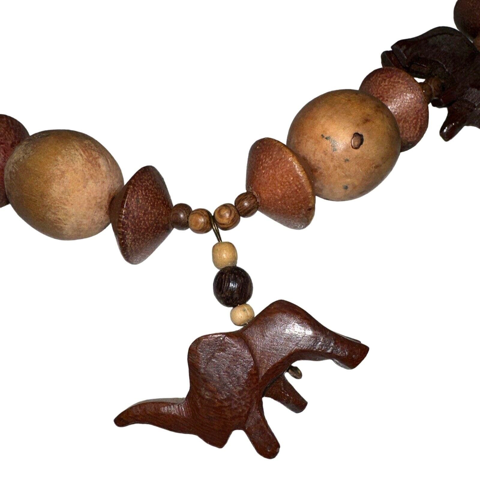 Handmade African Safari Chunky Wooden Necklace Carved Elephants Lions Size ONE SIZE - 2 Thumbnail