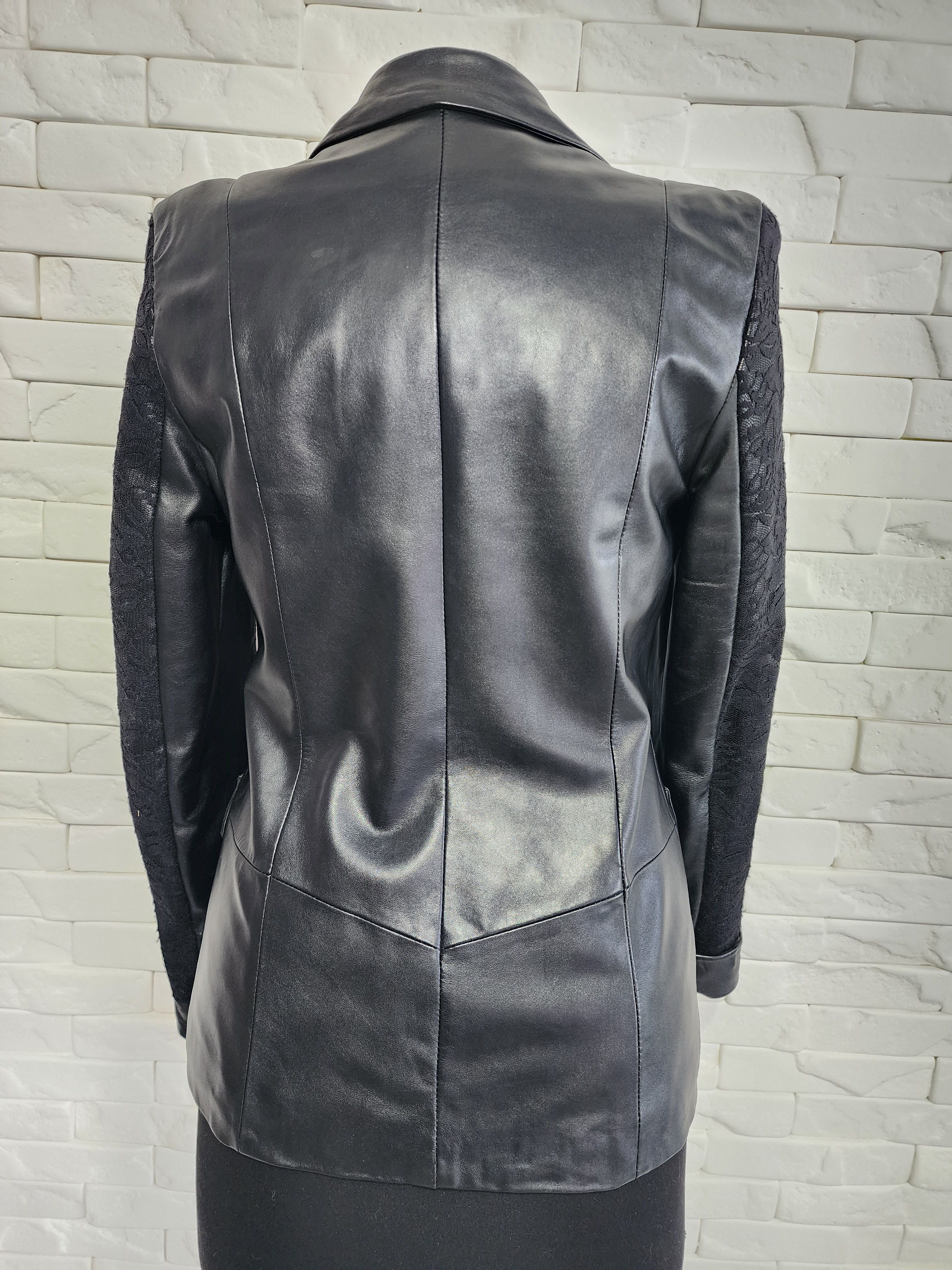 Genuine Leather Black women's jacket decorated with a veil. Size M / US 6-8 / IT 42-44 - 3 Thumbnail