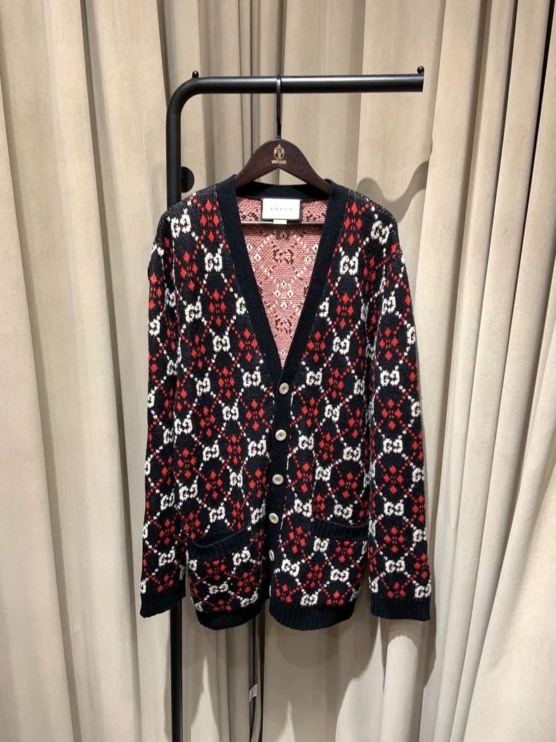 Gucci Gucci Black and red full logo old flower knitted cardigan Size US M / EU 48-50 / 2 - 1 Thumbnail