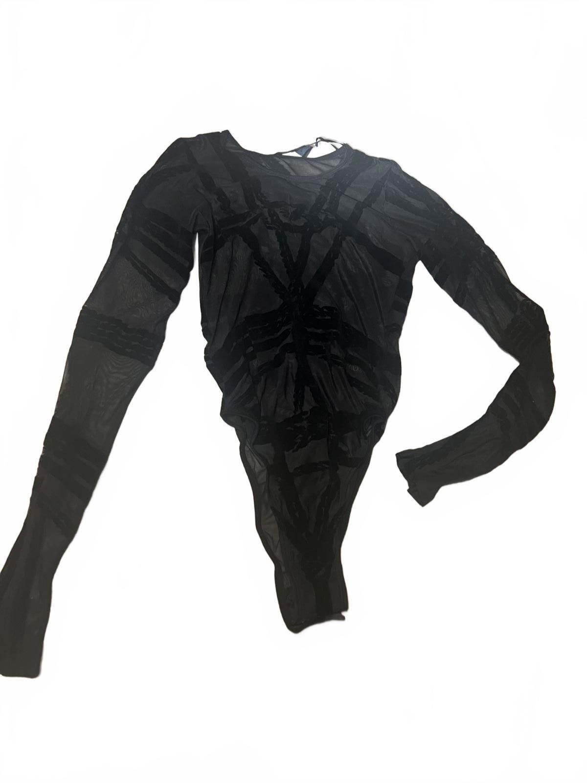 Designer Small Club Exx Shibari Festival Rave Sheer Bodysuit in Black, Women's