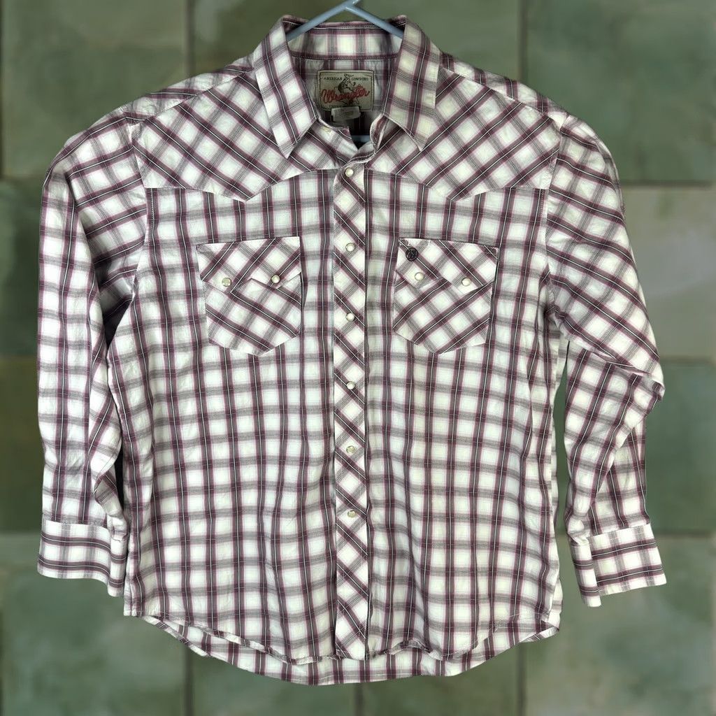 Wrangler VINTAGE Wrangler Western Shirt Mens Large Purple White Plaid Pearl Snap Long Sleeve Size US L / EU 52-54 / 3 - 1 Thumbnail