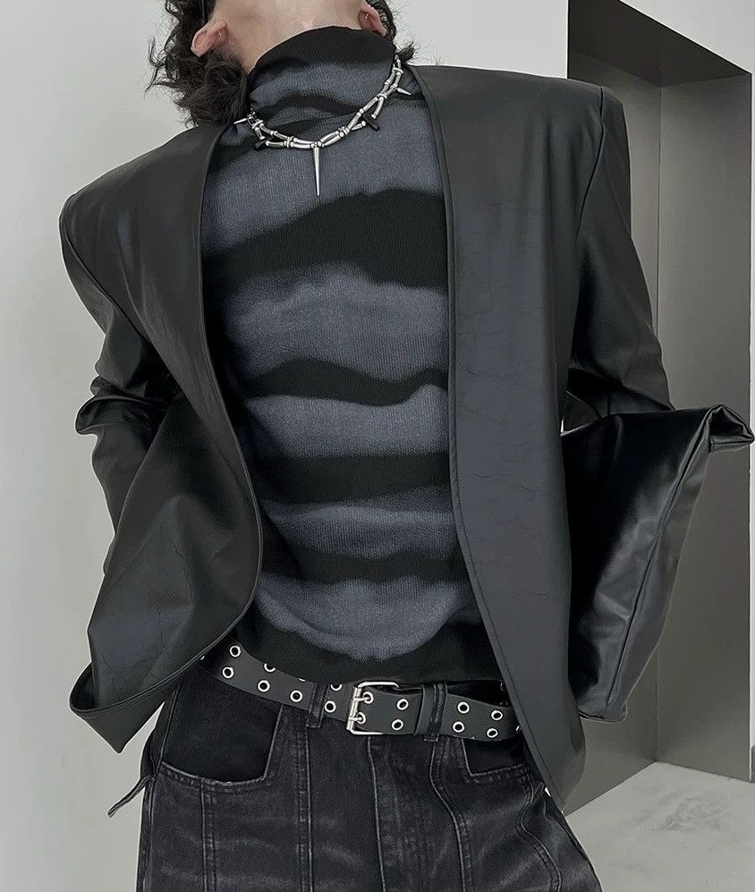Japanese Brand × Vintage Retro cracked pu leather no collar collarless blazer jacket Size US L / EU 52-54 / 3 - 5 Thumbnail