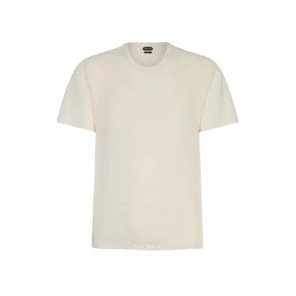 o1loc1c0226 KCS004 Silk Sequined Crewneck T-Shirt in White
