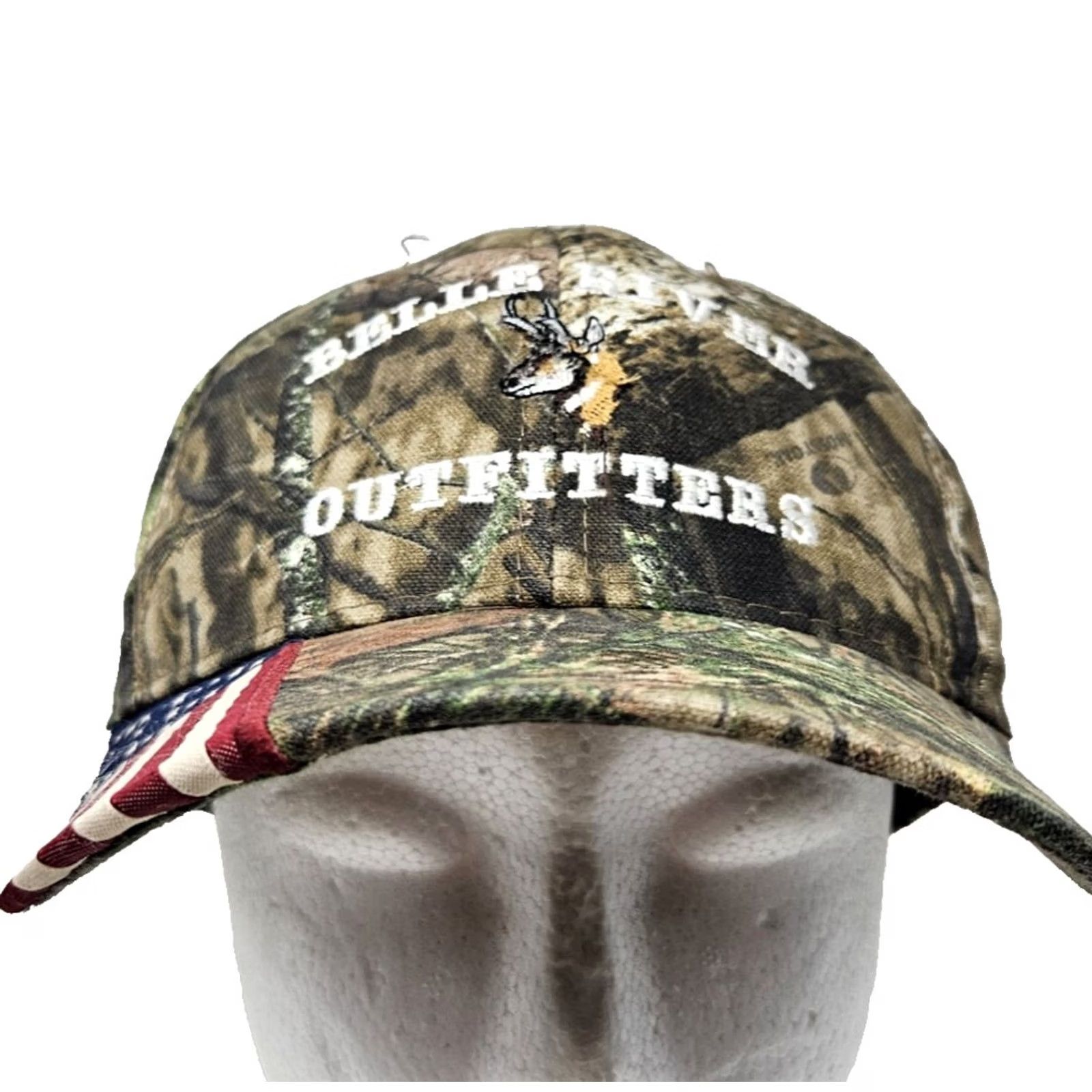Vintage Outdoor Cap Hat Mens Camouflage Green Cotton Polyester Adjustable Strap Back USA Embroidered Deer Pattern Hunting Patriotic Canvas Cap Size ONE SIZE - 2 Thumbnail