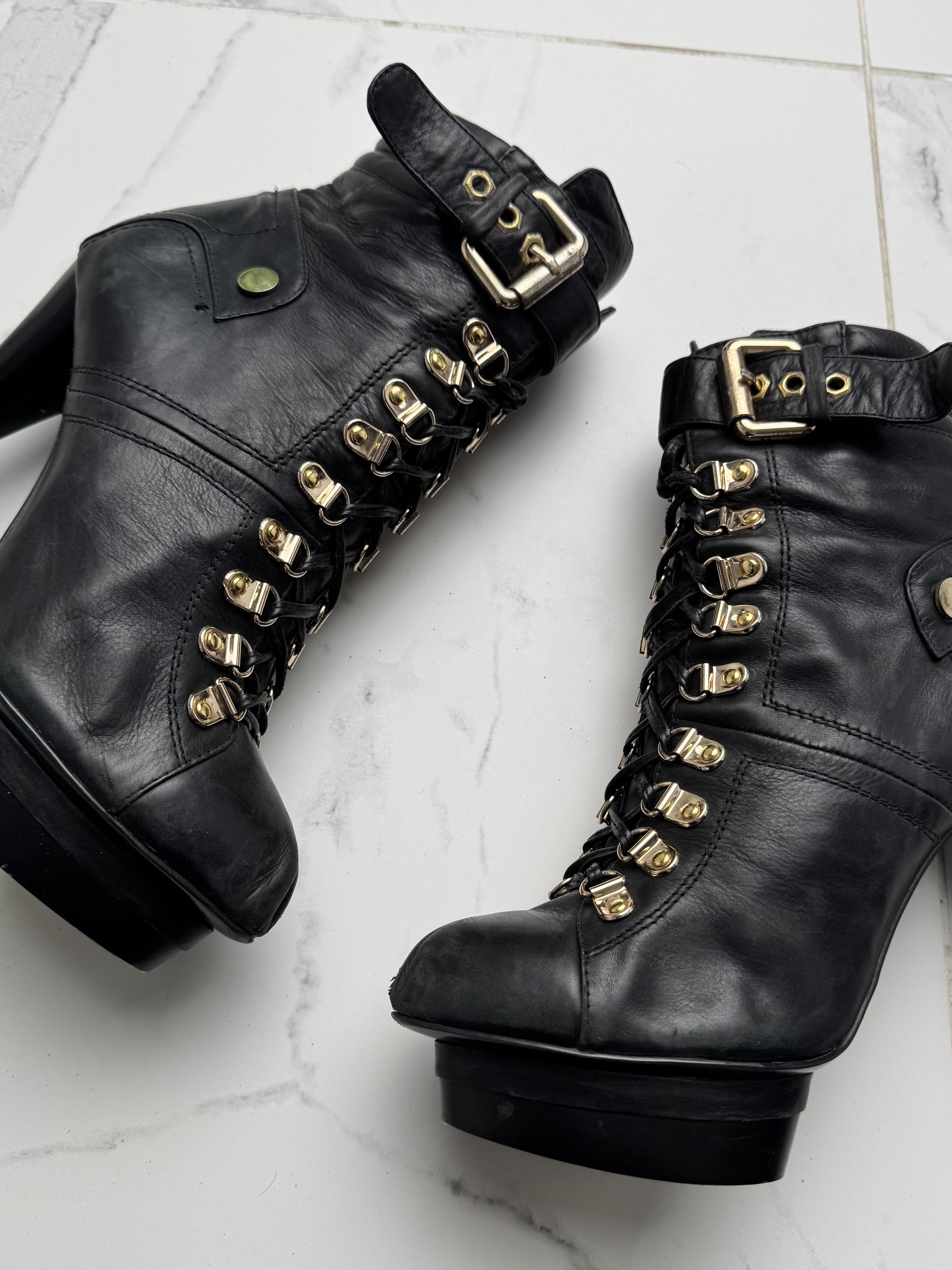 Other Vintage Platform Lace Up Ankle Stiletto Heel Buckle Booties Size US 9 / IT 39 - 3 Thumbnail