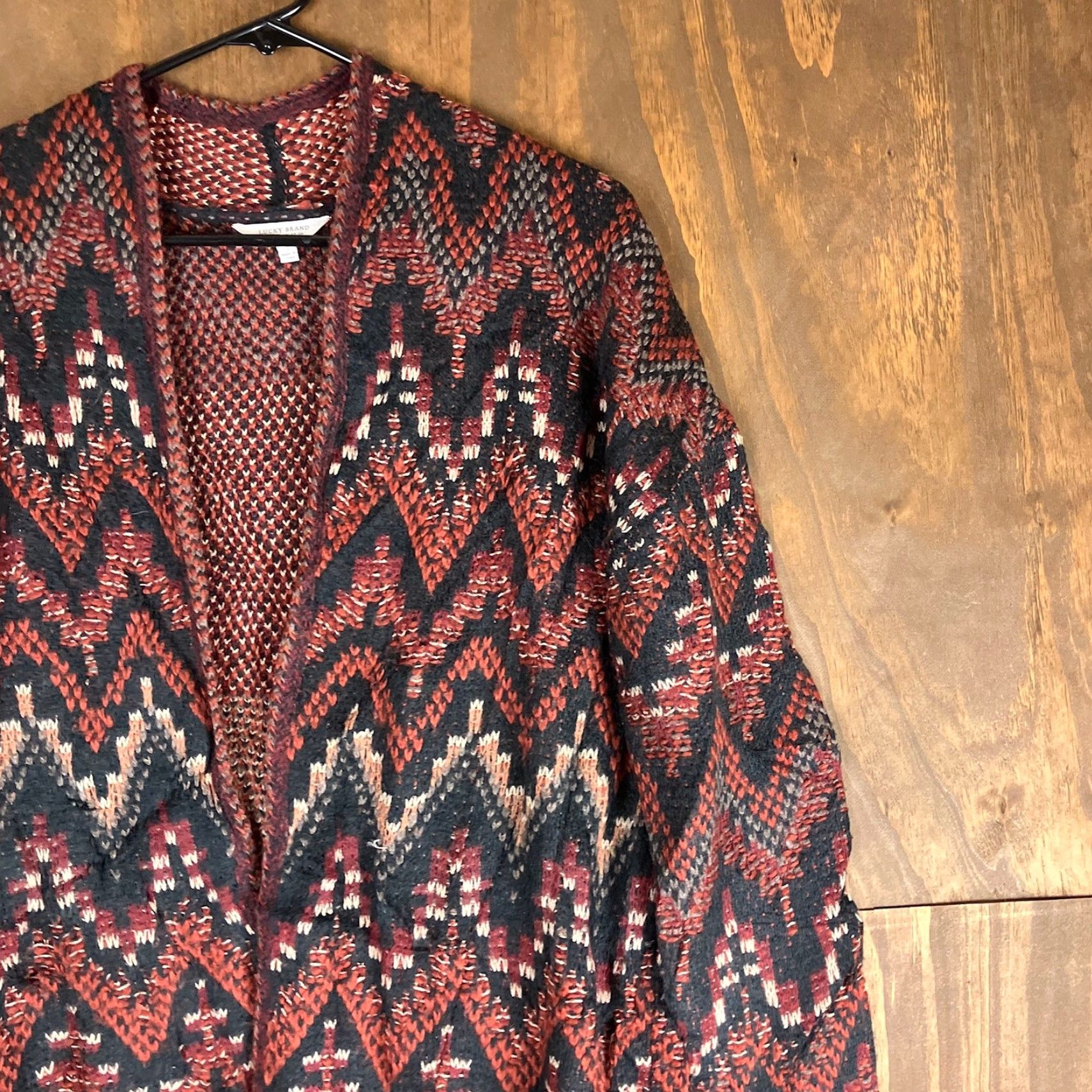 Lucky Brand Lucky Brand Womens Sweater Cardigan Open Front Duster Wool Blend S Red Chevron Knit Size S / US 4 / IT 40 - 5 Thumbnail