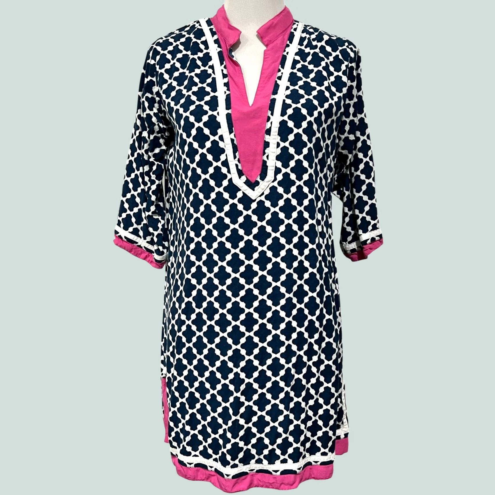 Escada Escapada Navy & Pink Tunic Coverup Dress Knee Length Resort Swim Women’s Sz M Size M / US 6-8 / IT 42-44 - 1 Thumbnail