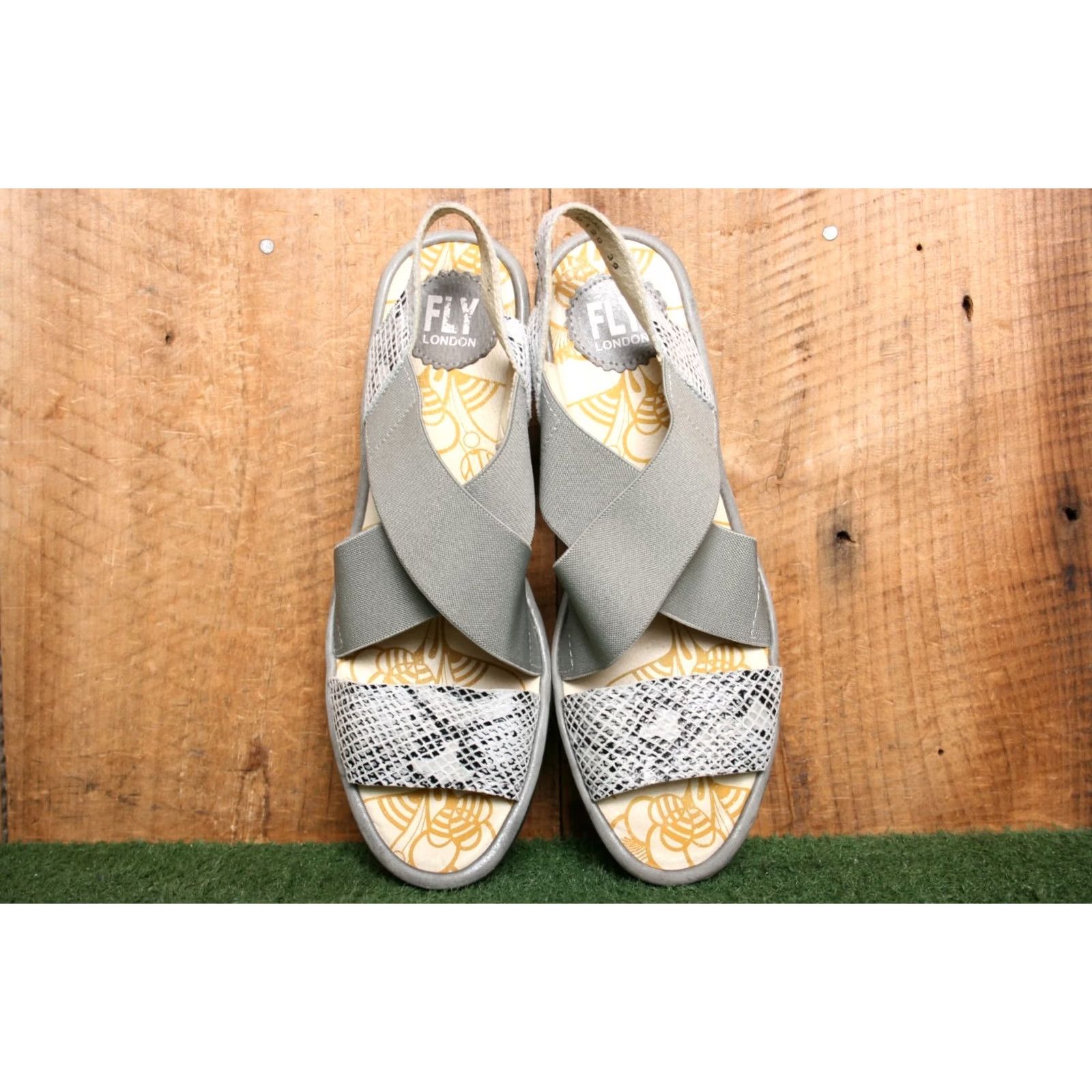 Fly London FLY London Yaji Elastic Snake Print Leather Wedge Sandals EU 39 ≈ US 8-8.5, Gray, Strappy, Mid Heel, Leather | Elastic, Sandal, Women Size US 8.5 / IT 38.5 - 4 Thumbnail