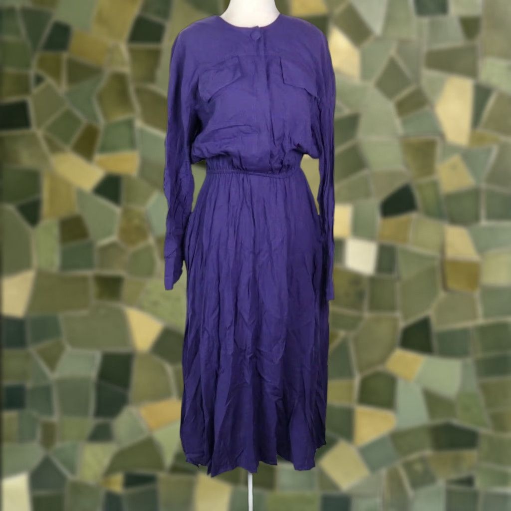Vintage VINTAGE Royal Purple Blouson Midi Dress Long Sleeve 80s Size 8 Women Purple 8s Size M / US 6-8 / IT 42-44 - 1 Thumbnail