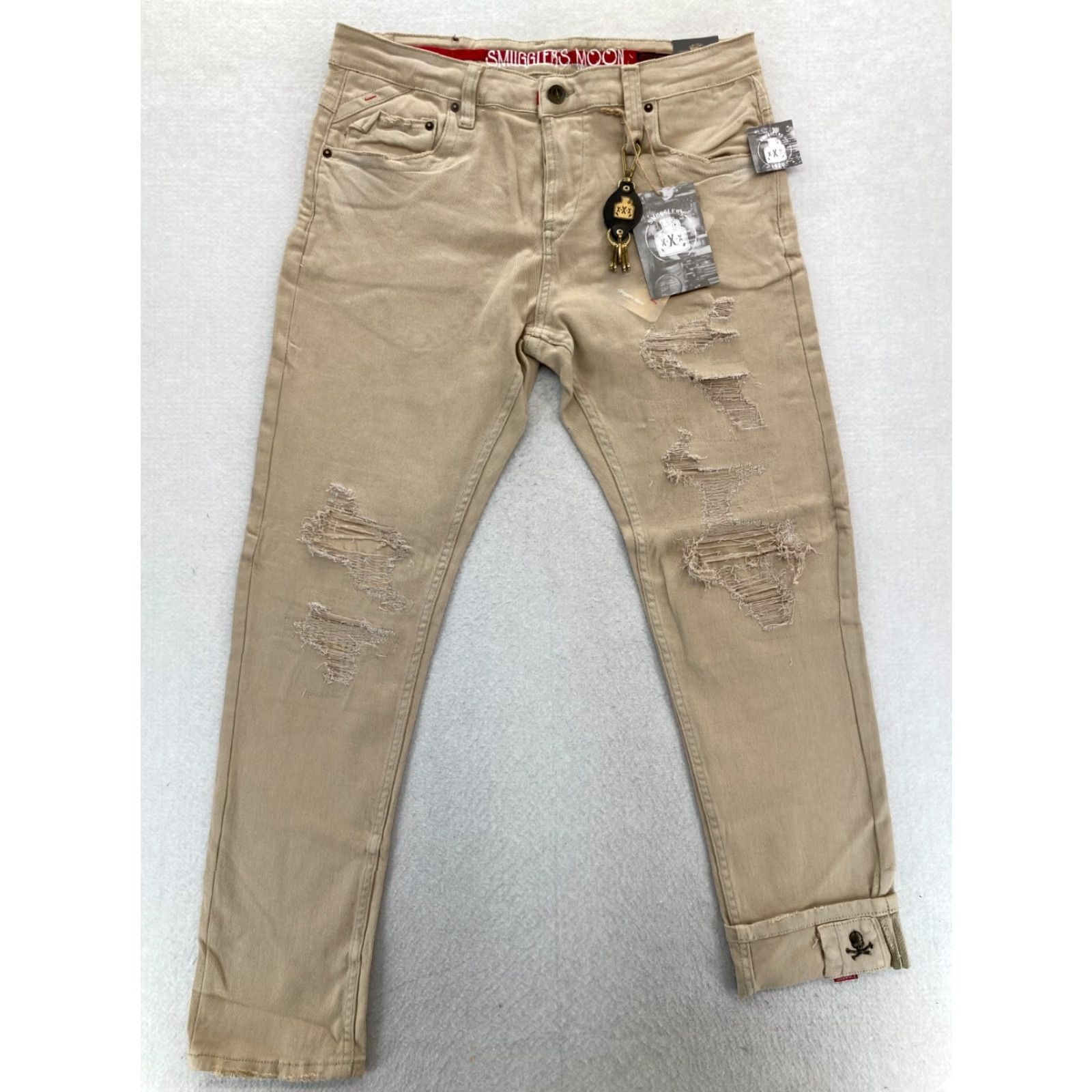 Denime Smugglers Moon Jeans Mens 36x32 Khaki Beige Denim Button Fly Roll Up Distressed Slim Skinny 5-Pocket Gothic Punk Skull Logo Denim Mens Size US 36 / EU 52 - 2 Thumbnail