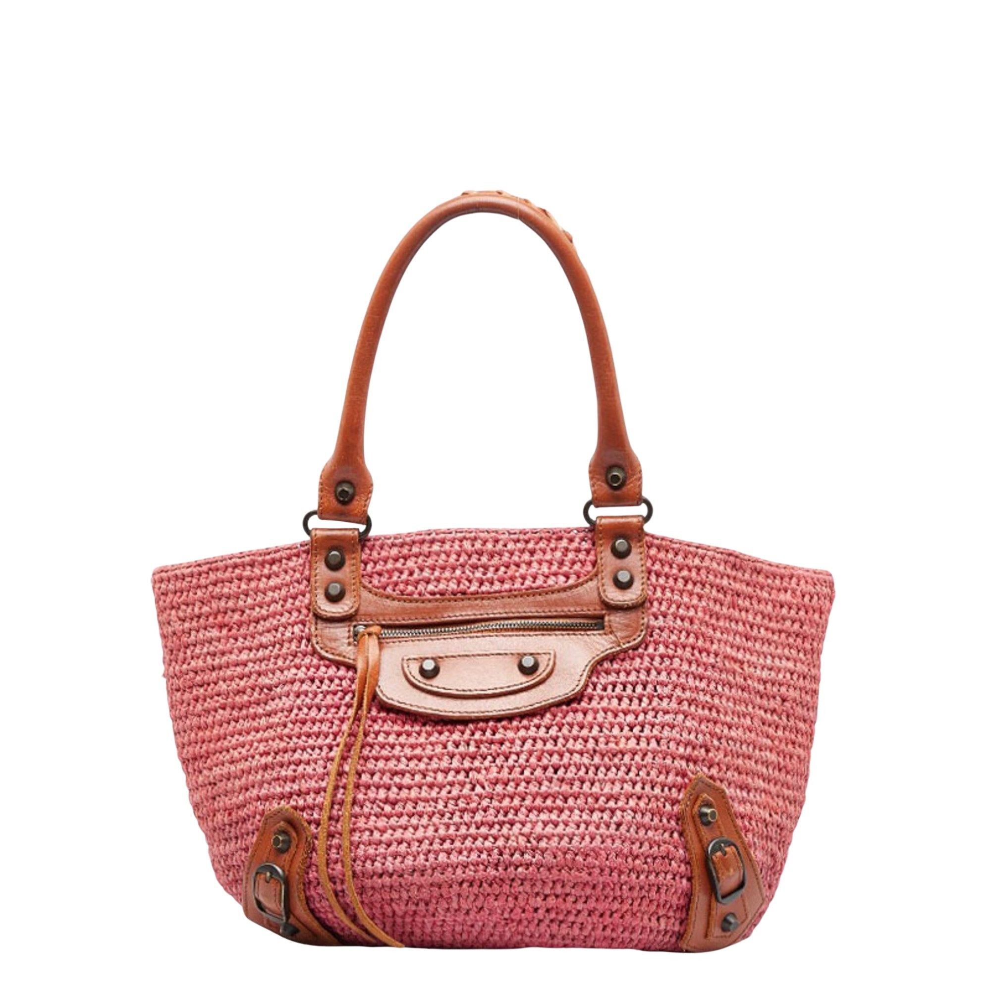 image of Balenciaga Panoer Raffia Handbag in Pink, Women's