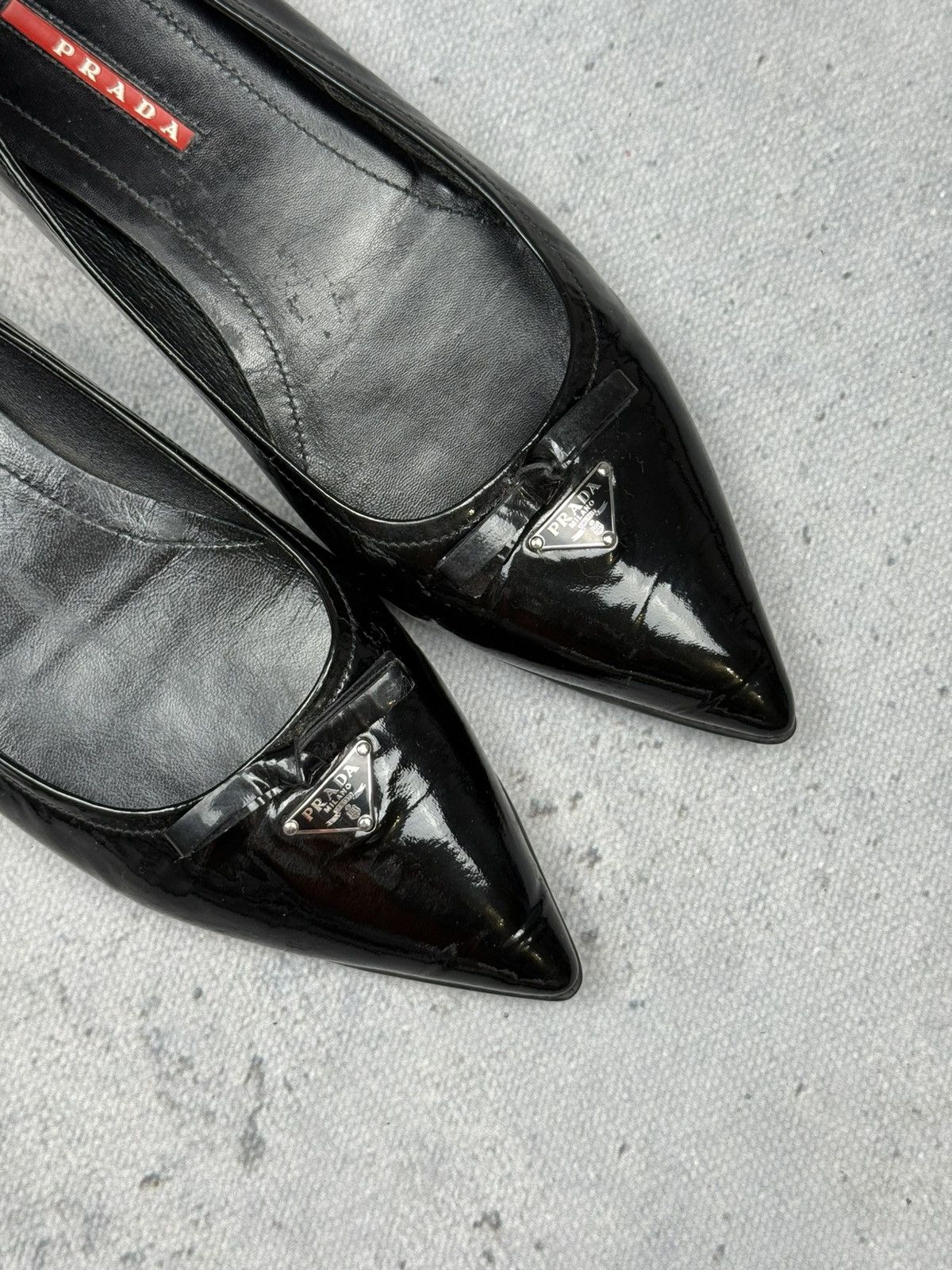 Prada Prada Black Patent Leather Pointed Toe Flats Metal Logo Rare Size US 8.5 / IT 38.5 - 17 Thumbnail