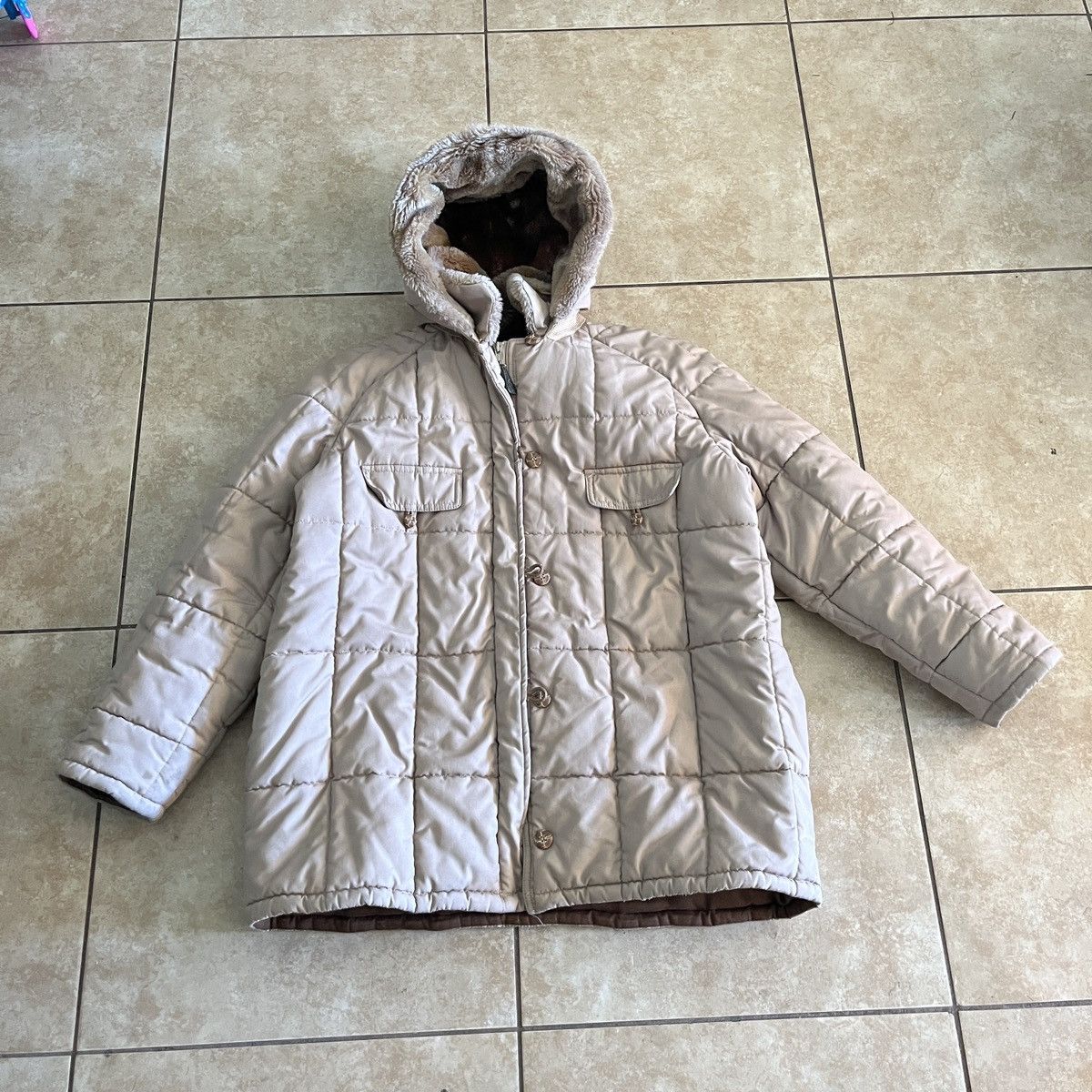 image of London Fog Vintage Quilted Jacket With Fur Collar in Beige, Women's