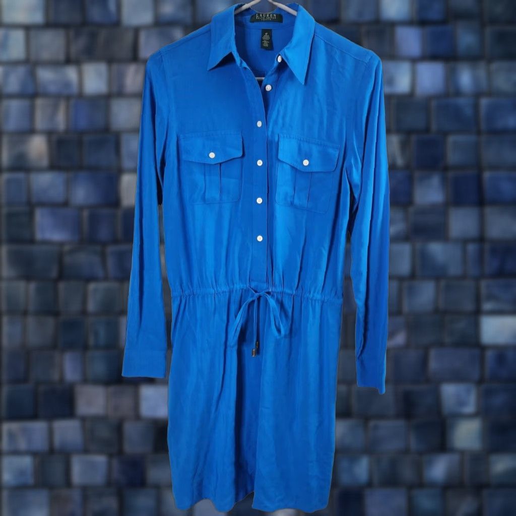 Ralph Lauren Womens 4P Petite Cinch Waist Dress Long Sleeve Button Up Pockets Shirt