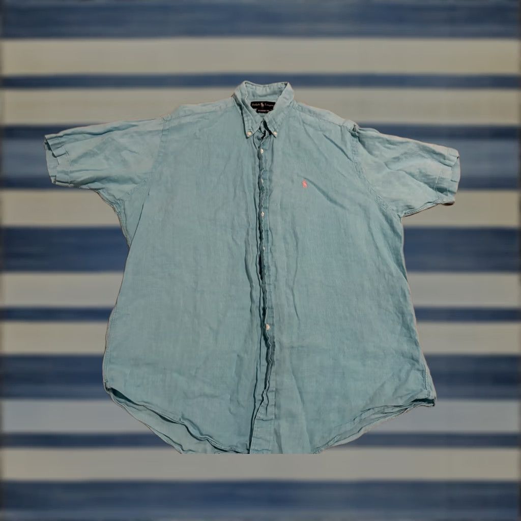 Polo Ralph Lauren VINTAGE Polo Ralph Lauren Short Sleeve Button-Up Shirt Mens Large Blue Linen Stain Flawed Pony Size US L / EU 52-54 / 3 - 1 Thumbnail
