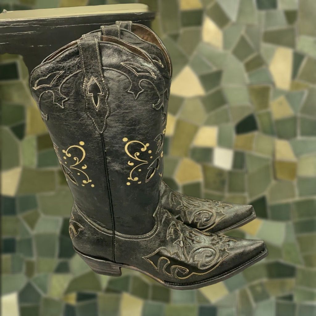 Vintage Pecos Bill Western Boots Womens Size 10 Black Leather Cowgirl Fancy Inlay Mid-Calf Block Heel Shoes
