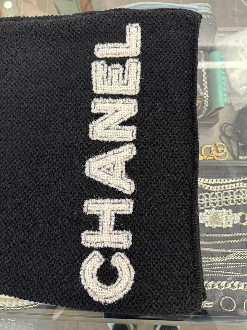 Chanel Chanel Black Wool Scarf with White Logo -2505 Size ONE SIZE - 3 Thumbnail