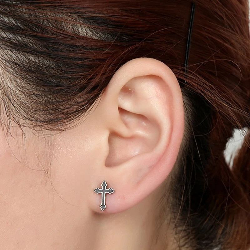 Jewelry Tiny Gothic Cross Stud Earrings 925 Sterling Ear Gift Size ONE SIZE - 6 Thumbnail