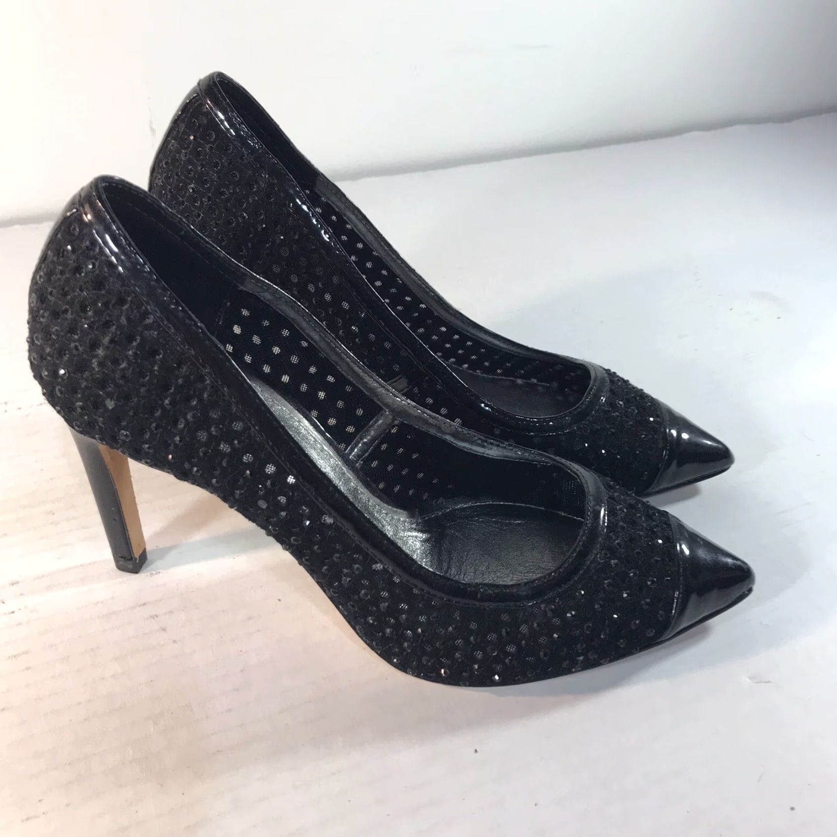 Vintage VINTAGE Antonio Melani Black Leather Sequin Pump Women's Size 6M High Heel 3.5in Stiletto Pointed Toe Going Out Size US 6 / IT 36 - 6 Thumbnail