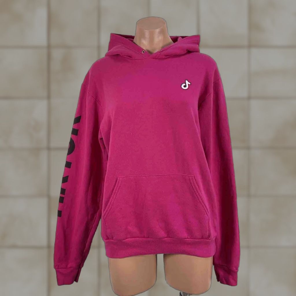 VINTAGE Tik Tok Hoodie Womens M Cotton Blend Hot Pink Logo Sweatshirt