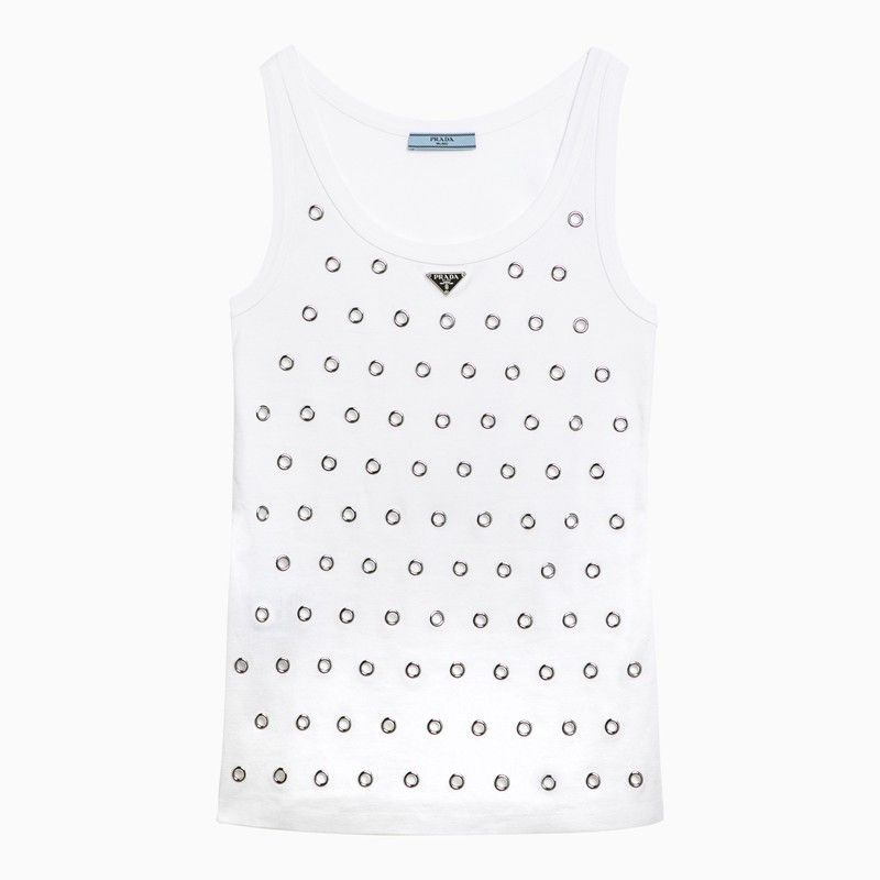 image of Prada White Cotton Tank Top With Eyelets, Women's (Size XS)