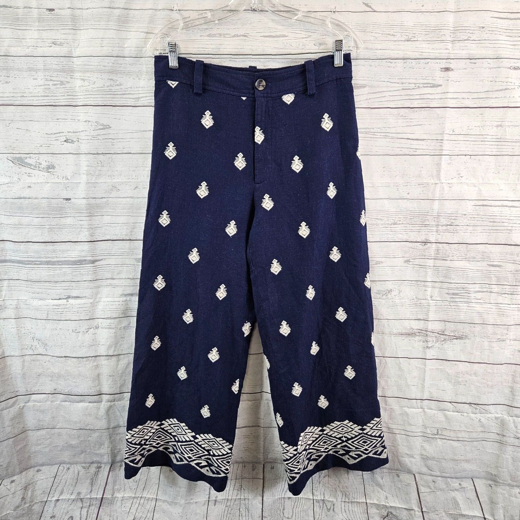 Zara Zara Womens Embroidered Culotte Pants Sz Medium Blue White Linen Blend Size 32" / US 10 / IT 46 - 2 Thumbnail