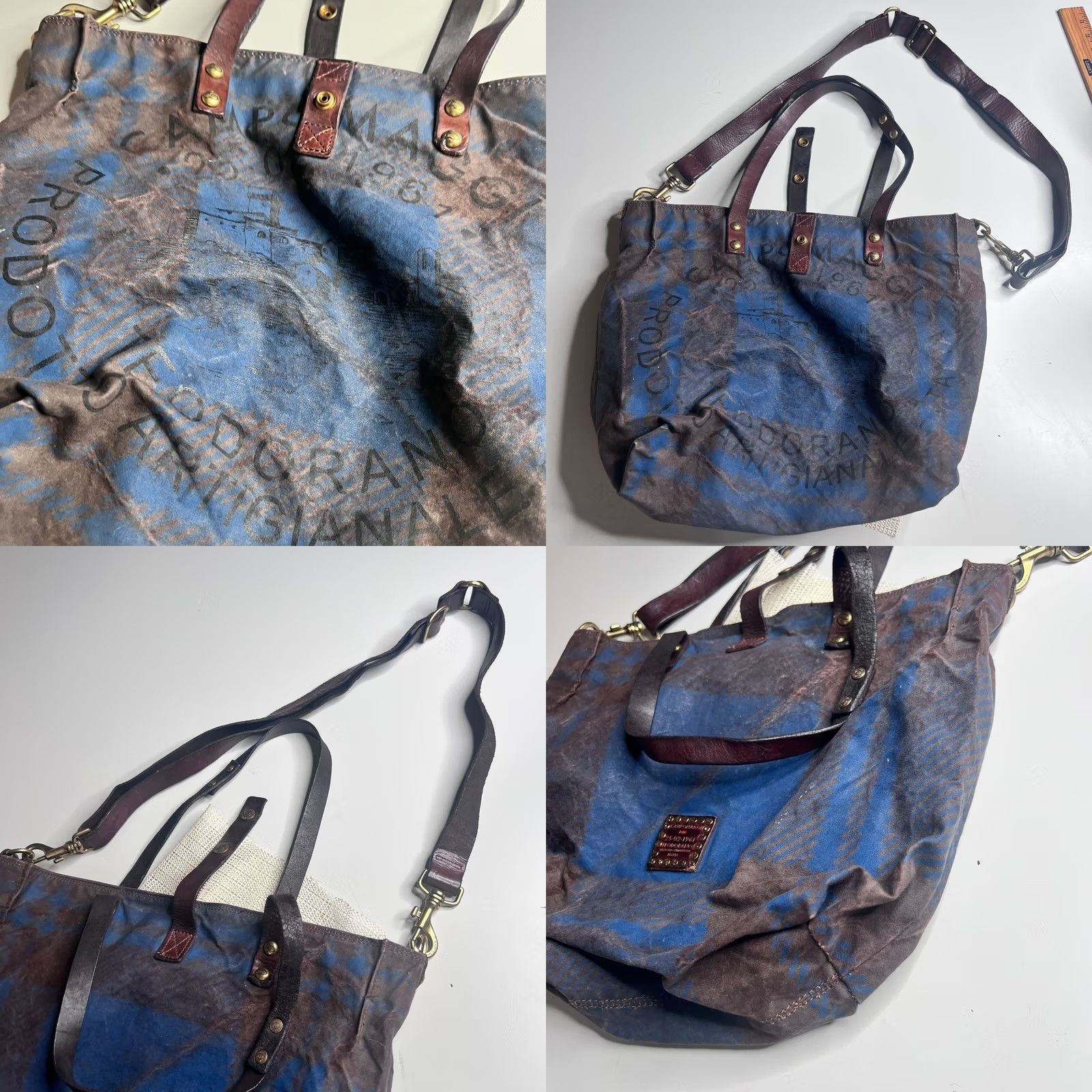 Campomaggi VINTAGE Campomaggi Tote Bag Crossbody Blue Brown Canvas Leather Teodorano Italian Large Womens Size ONE SIZE - 8 Thumbnail