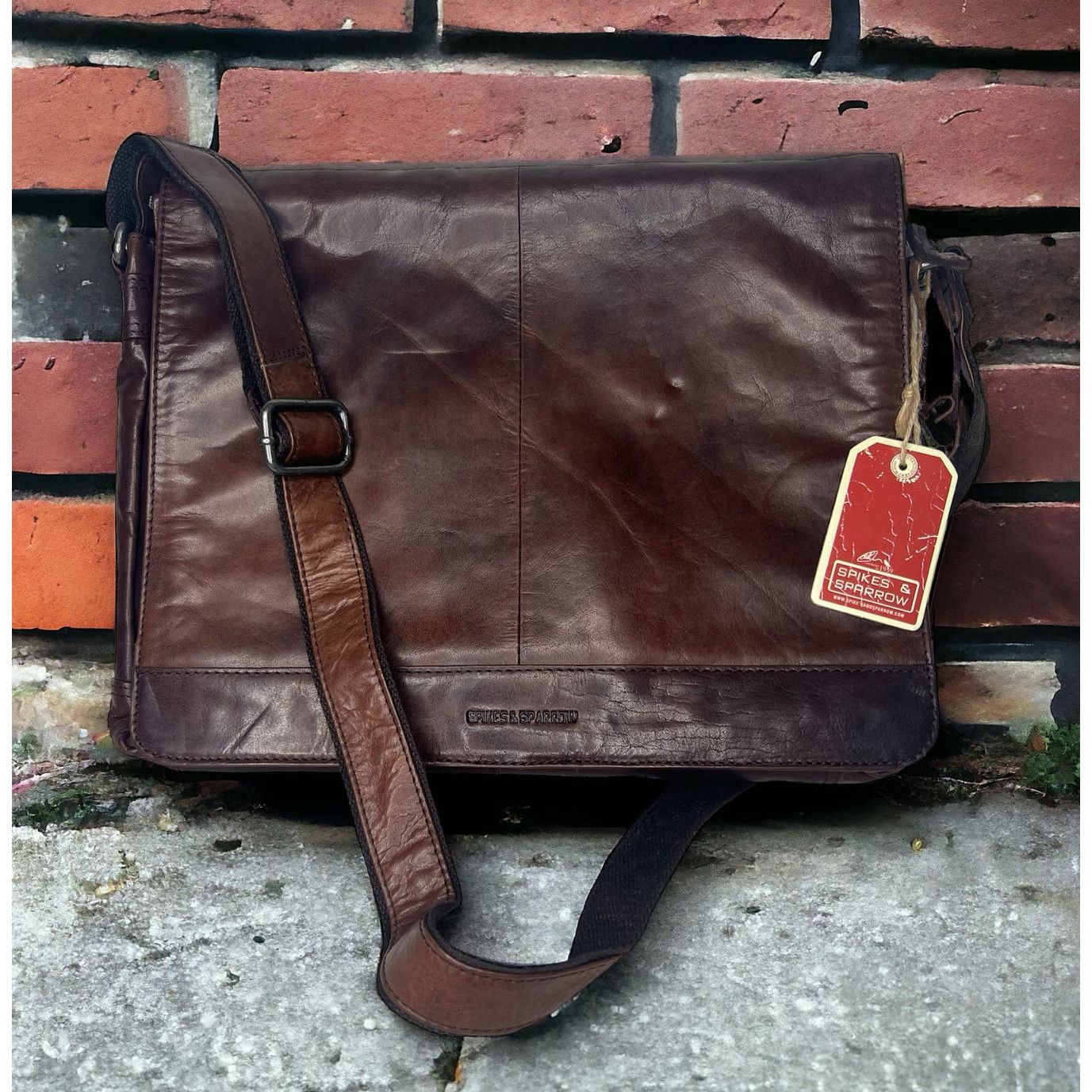image of Vintage Spikes & Sparrow Noah Dark Brown Leather Messenger Bag, Men's