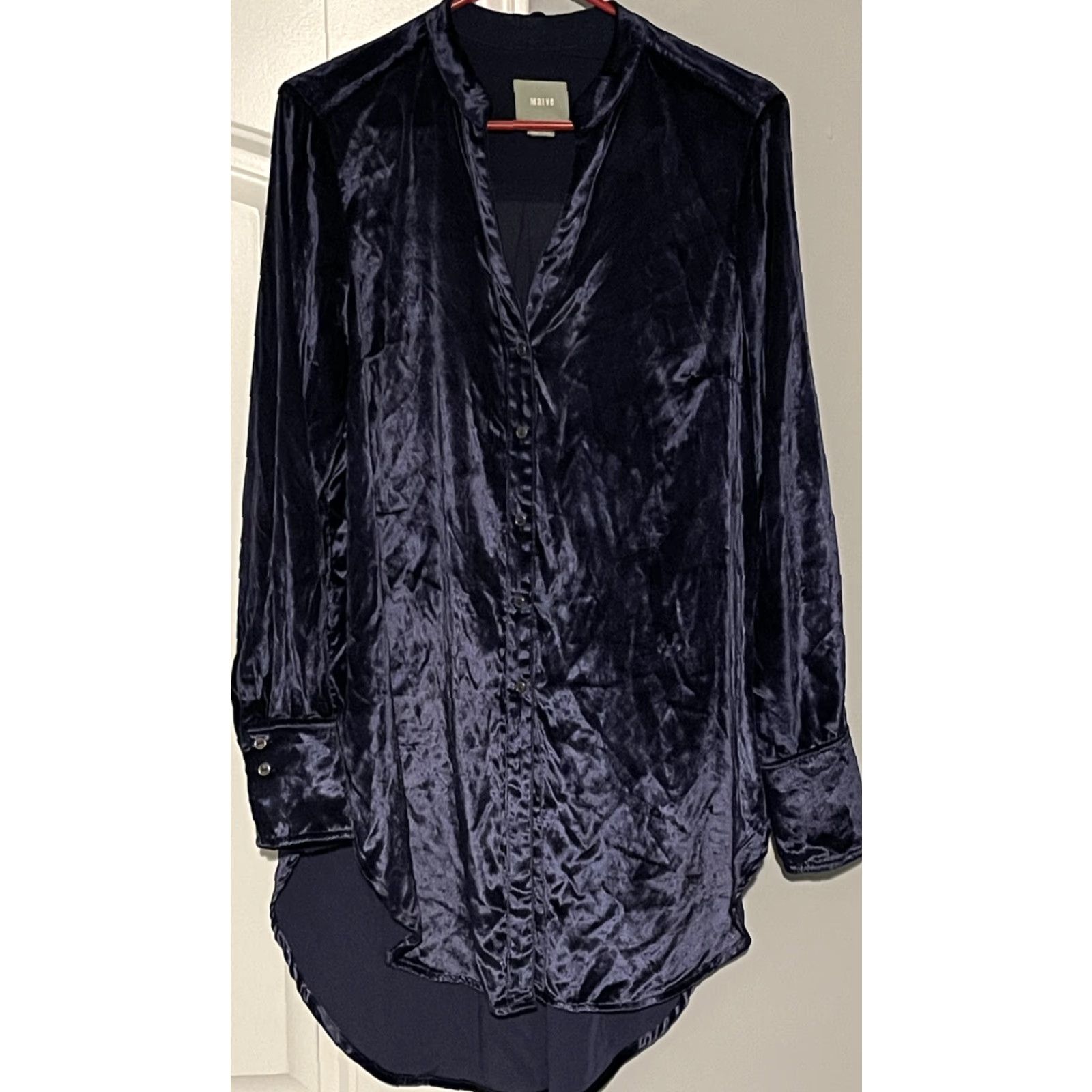 Vintage Anthropologie Maeve Womens 8 Blue Velvet Tunic Top Button Down Size M / US 6-8 / IT 42-44 - 2 Thumbnail