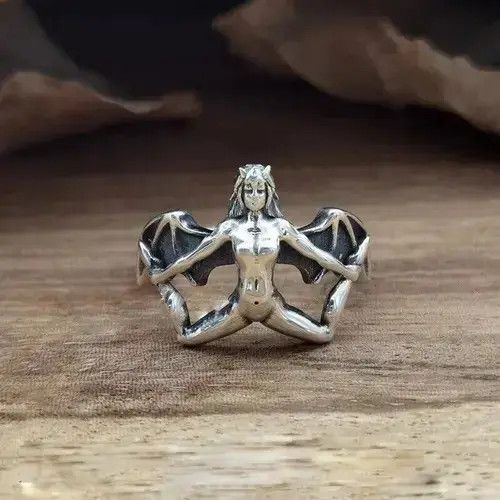 Demon Girl Ring Satan Devil Goth Punk Rock Jewelry Chrome in Silver, Men's