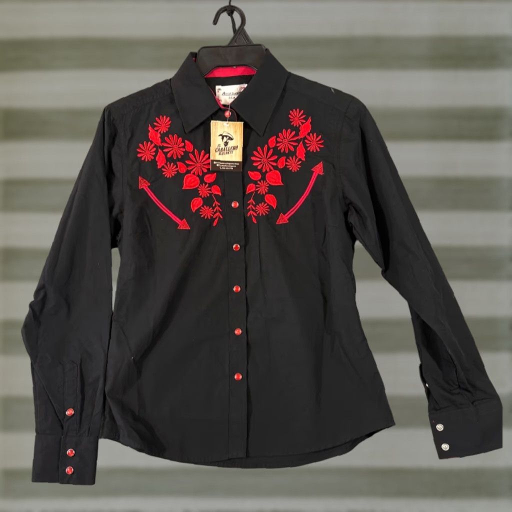 Vintage Ace of Diamond Western Shirt Womens S Black Red Embroidered Pearl Snap NWT Size S / US 4 / IT 40 - 1 Thumbnail